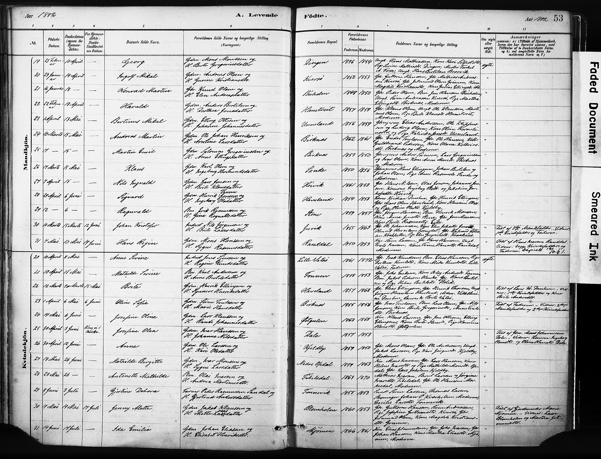 Gulen sokneprestembete, AV/SAB-A-80201/H/Haa/Haab/L0001: Parish register (official) no. B 1, 1881-1905, p. 53