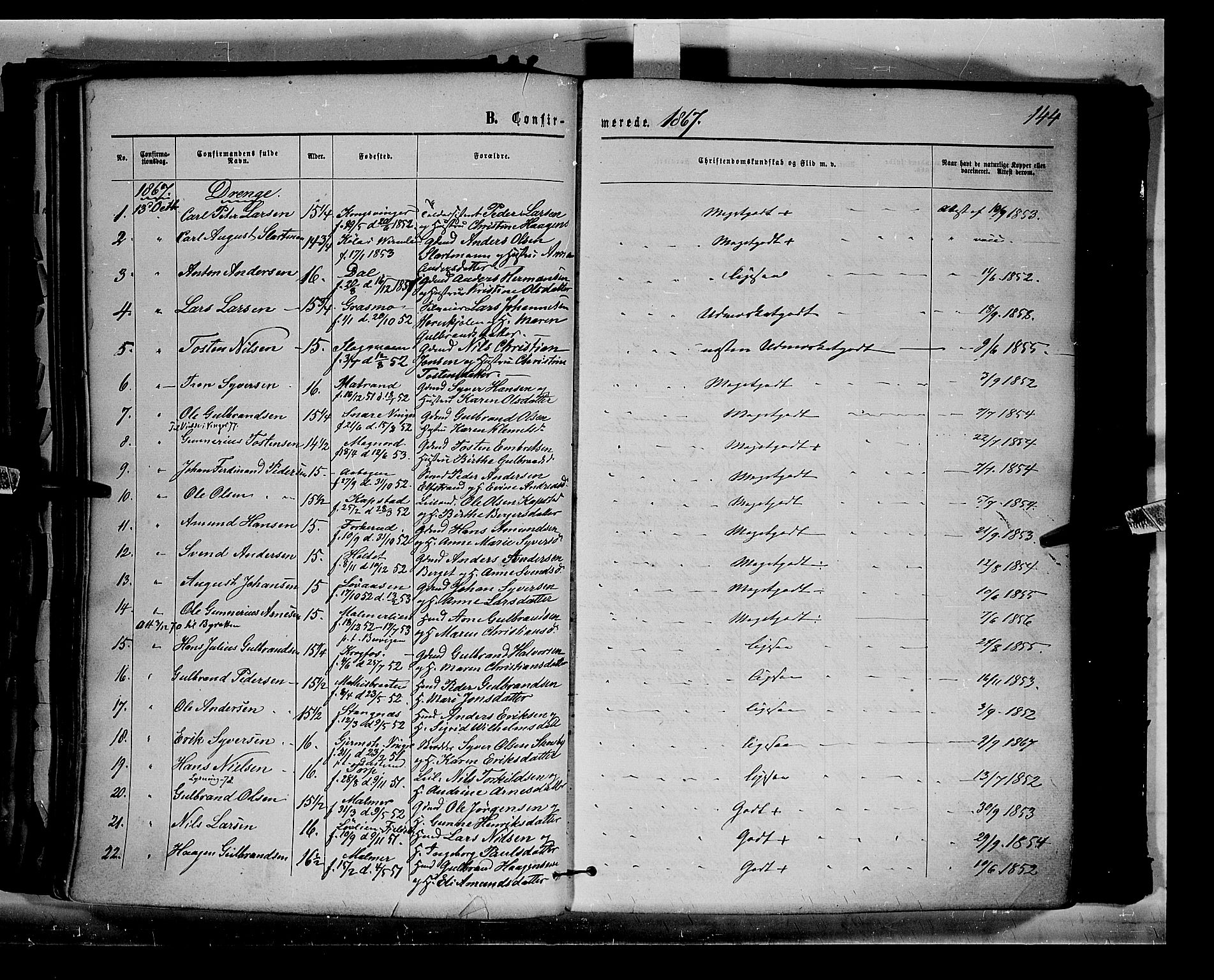 Eidskog prestekontor, AV/SAH-PREST-026/H/Ha/Haa/L0002: Parish register (official) no. 2, 1867-1878, p. 144