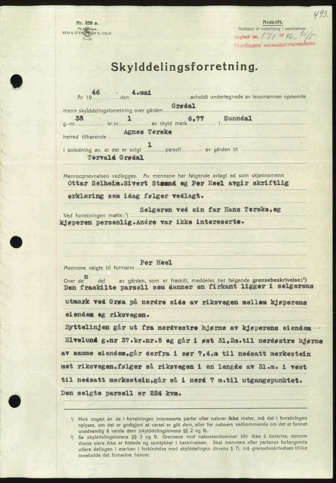 Nordmøre sorenskriveri, AV/SAT-A-4132/1/2/2Ca: Mortgage book no. A101, 1946-1946, Diary no: : 871/1946