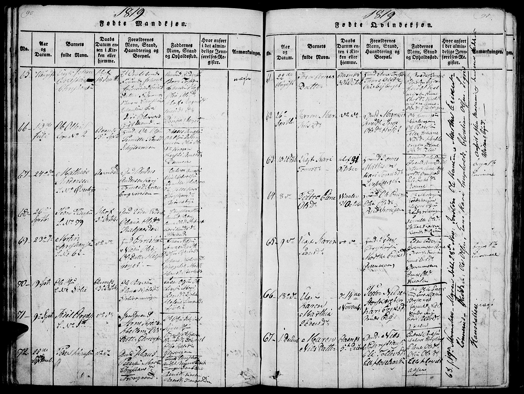 Hof prestekontor, SAH/PREST-038/H/Ha/Haa/L0005: Parish register (official) no. 5, 1816-1822, p. 90-91