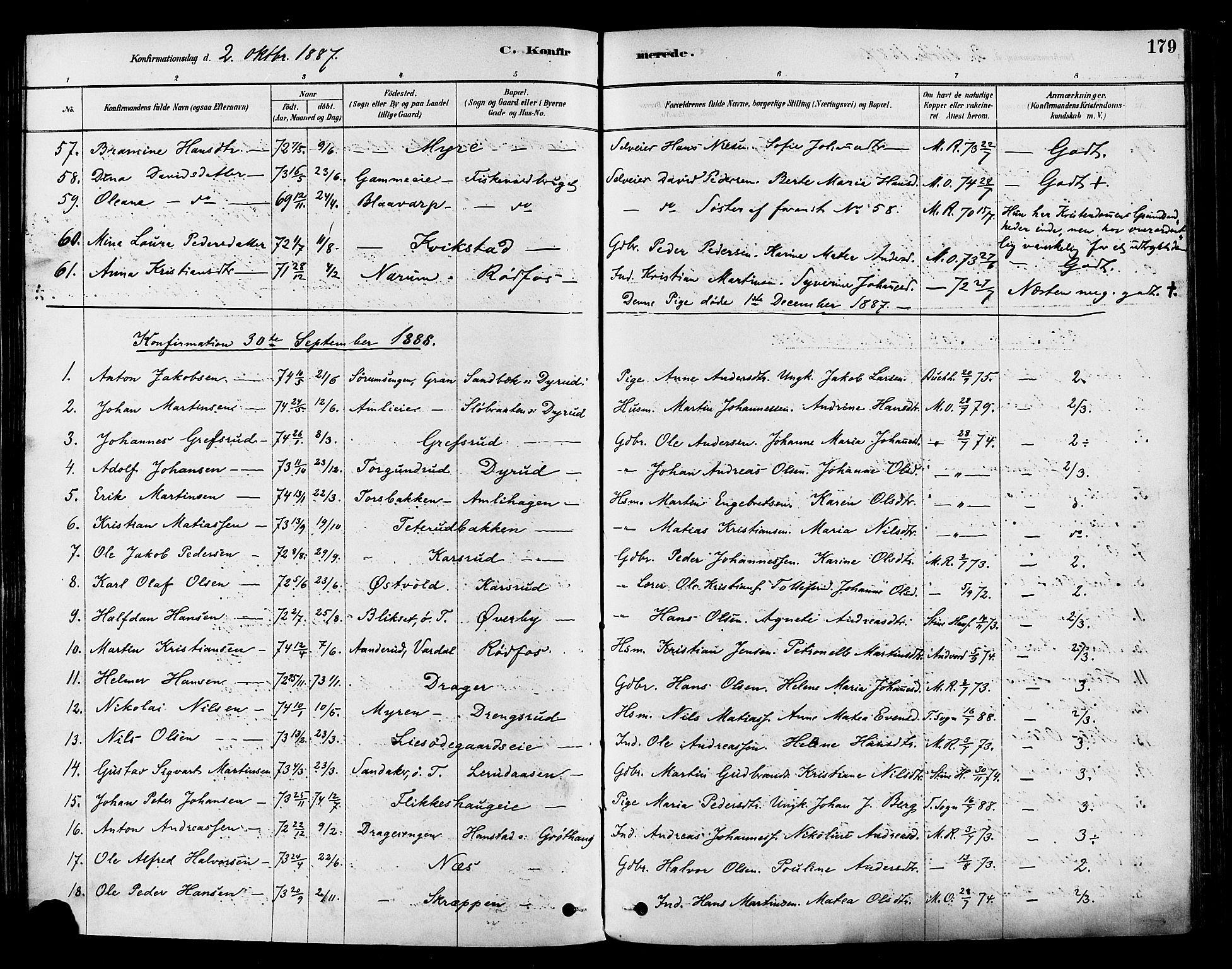 Vestre Toten prestekontor, AV/SAH-PREST-108/H/Ha/Haa/L0009: Parish register (official) no. 9, 1878-1894, p. 179