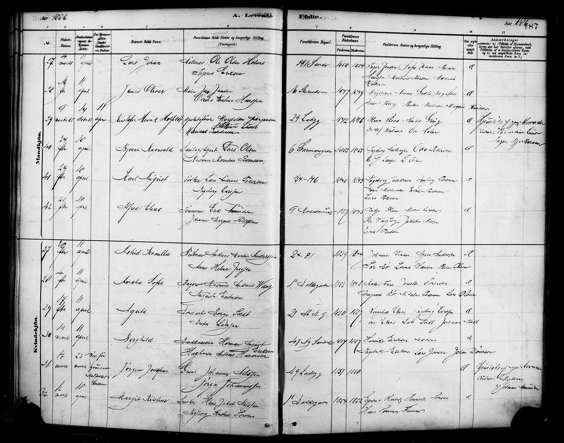 Sandviken Sokneprestembete, AV/SAB-A-77601/H/Ha/L0004: Parish register (official) no. B 1, 1878-1891, p. 187