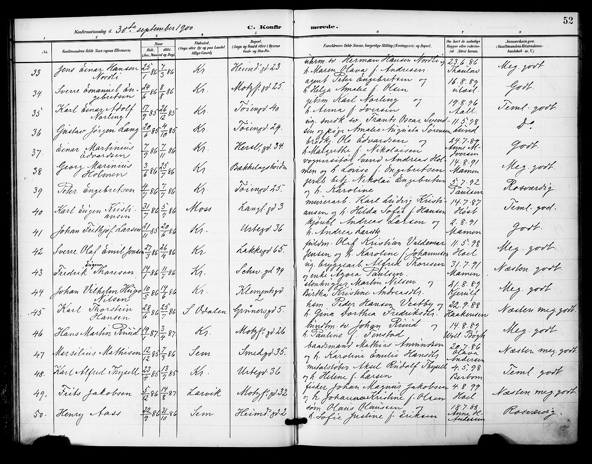 Grønland prestekontor Kirkebøker, AV/SAO-A-10848/F/Fa/L0015: Parish register (official) no. 15, 1899-1919, p. 52