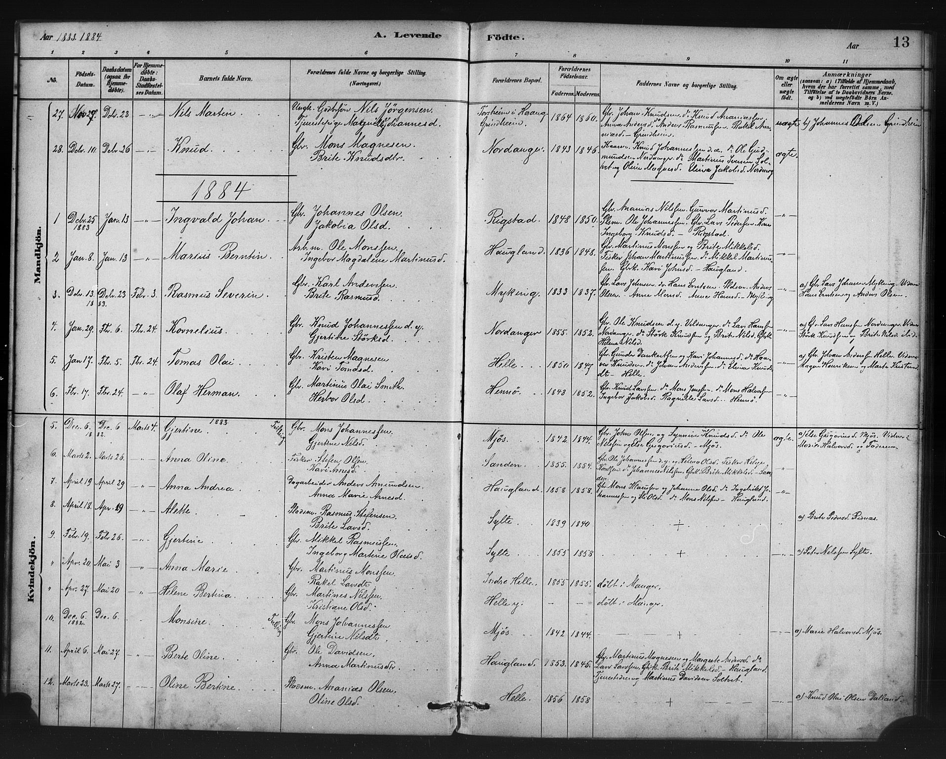 Manger sokneprestembete, AV/SAB-A-76801/H/Haa: Parish register (official) no. C 1, 1881-1890, p. 13