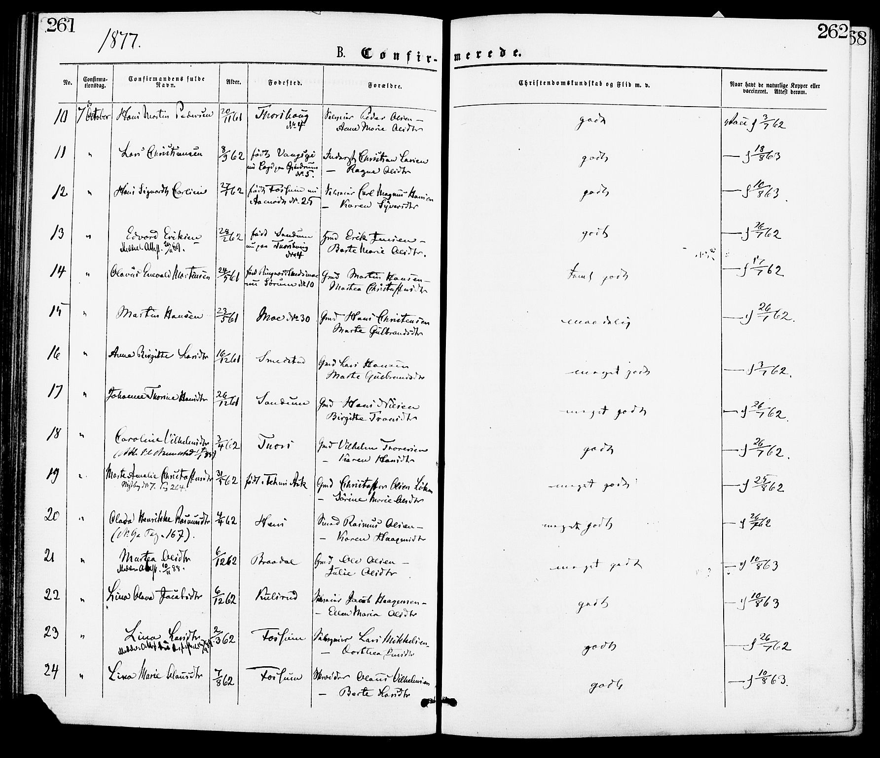 Gjerdrum prestekontor Kirkebøker, SAO/A-10412b/F/Fa/L0008: Parish register (official) no. I 8, 1867-1880, p. 261-262