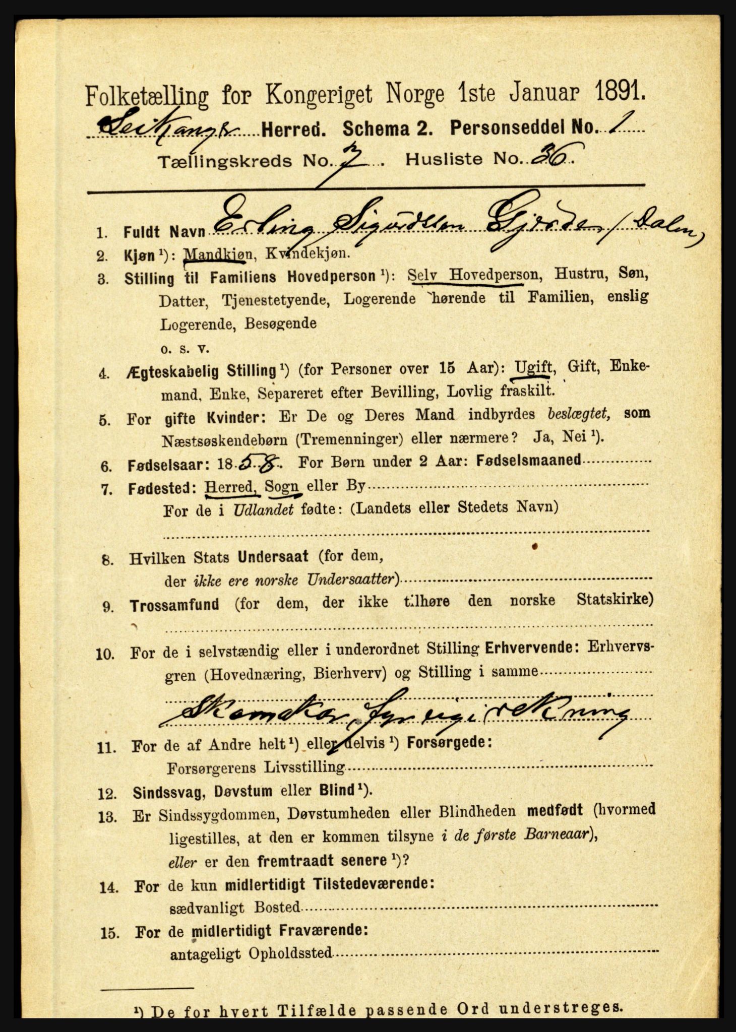 RA, 1891 census for 1419 Leikanger, 1891, p. 1557