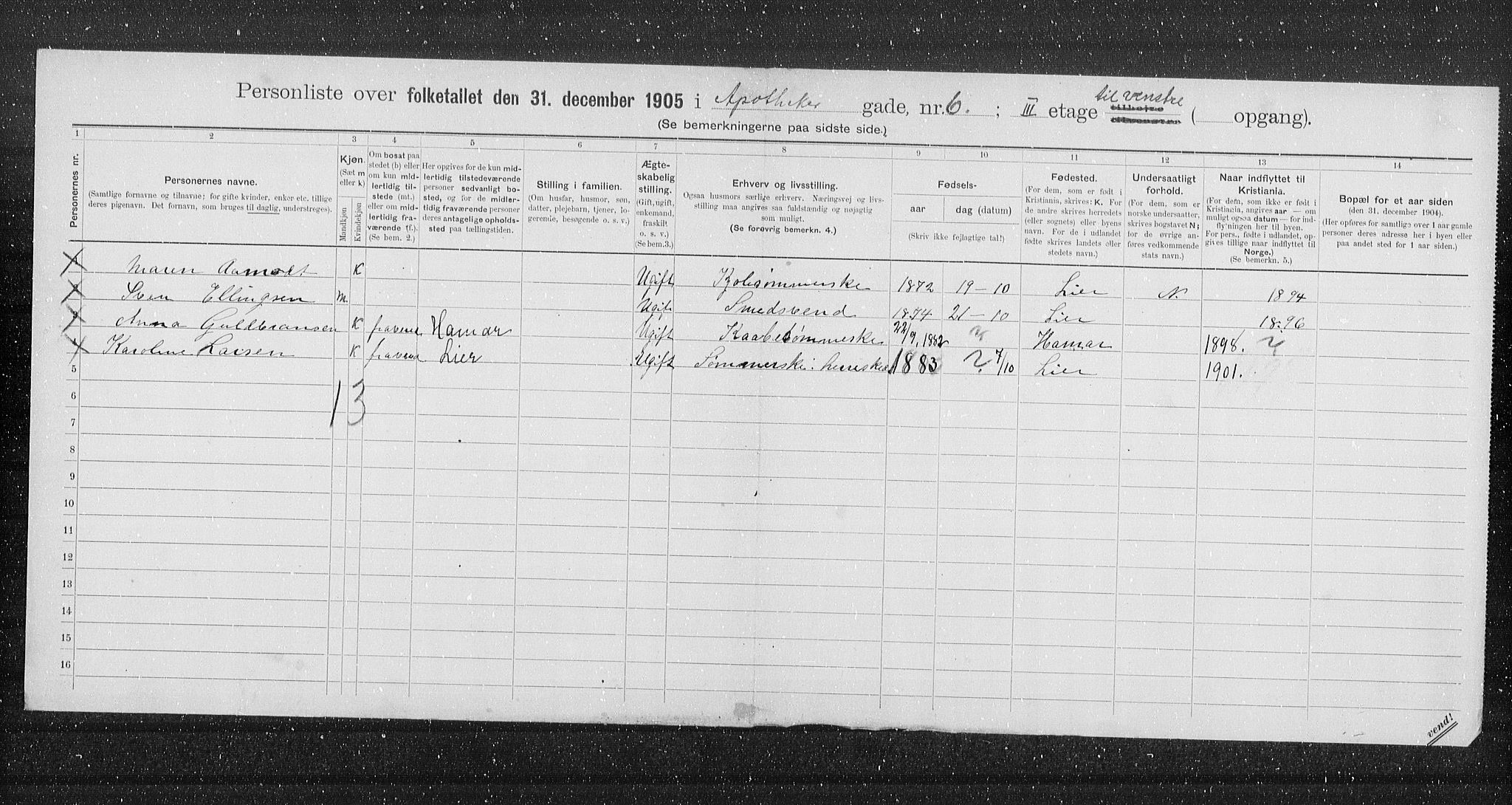 OBA, Municipal Census 1905 for Kristiania, 1905, p. 739