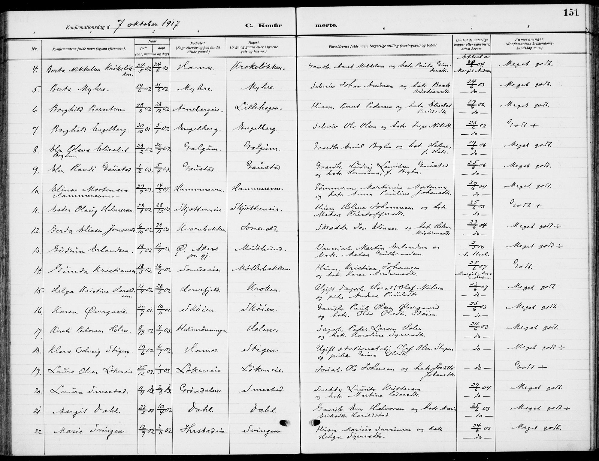 Romedal prestekontor, AV/SAH-PREST-004/K/L0012: Parish register (official) no. 12, 1913-1935, p. 151