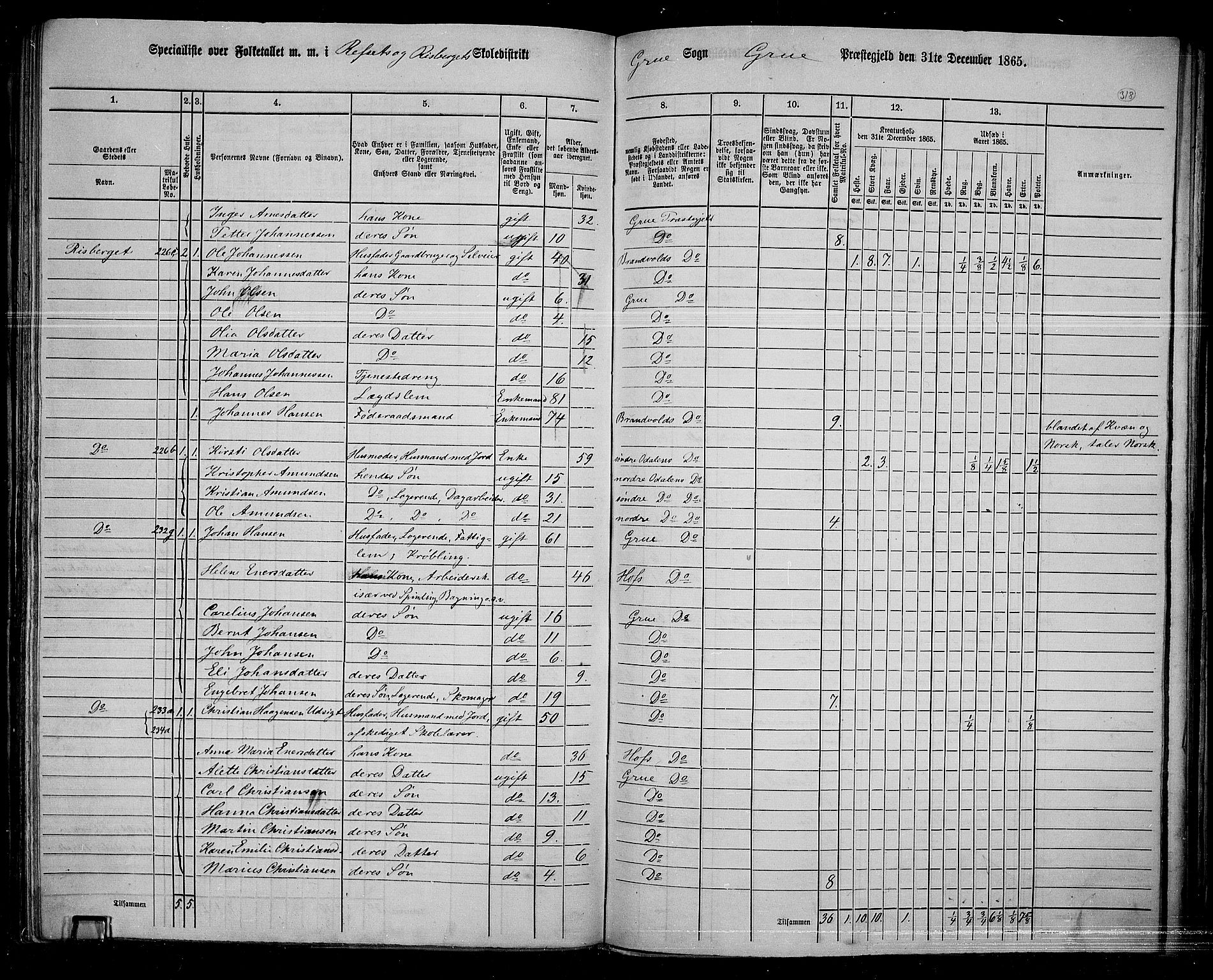 RA, 1865 census for Grue, 1865, p. 281