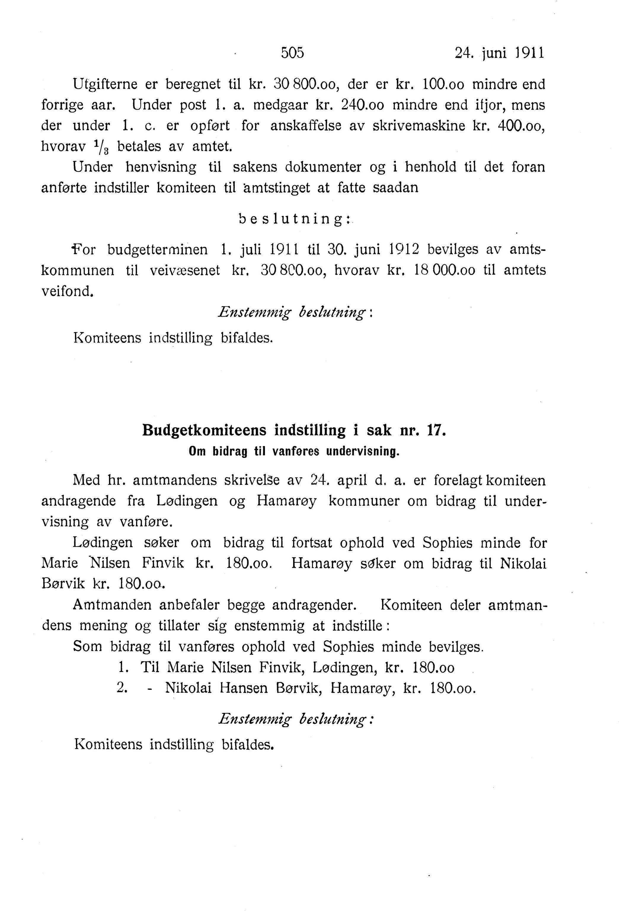 Nordland Fylkeskommune. Fylkestinget, AIN/NFK-17/176/A/Ac/L0034: Fylkestingsforhandlinger 1911, 1911