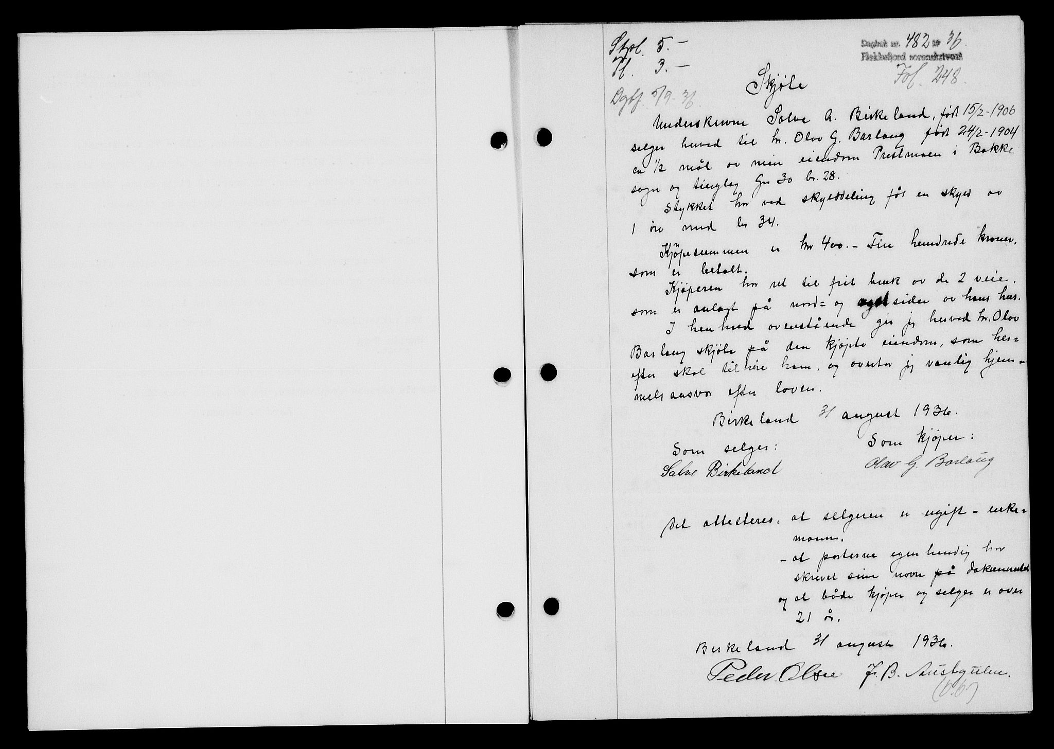 Flekkefjord sorenskriveri, SAK/1221-0001/G/Gb/Gba/L0053: Mortgage book no. A-1, 1936-1937, Diary no: : 482/1936