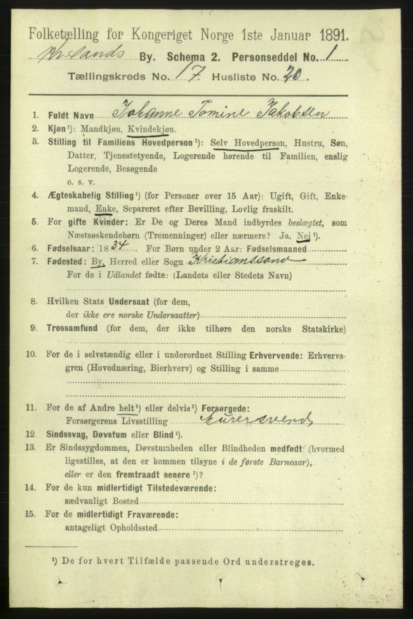 RA, 1891 census for 1001 Kristiansand, 1891, p. 6899