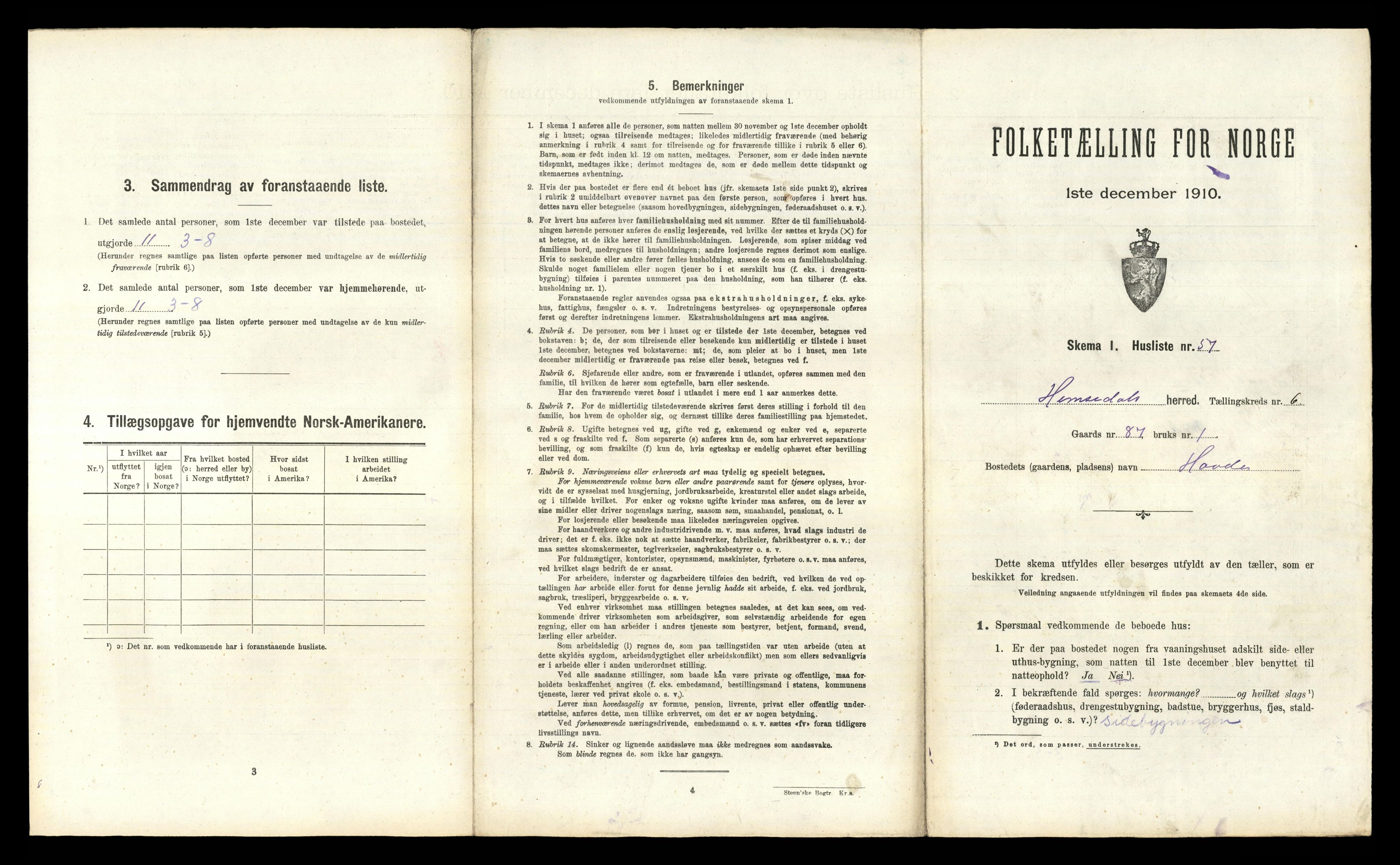 RA, 1910 census for Hemsedal, 1910, p. 462