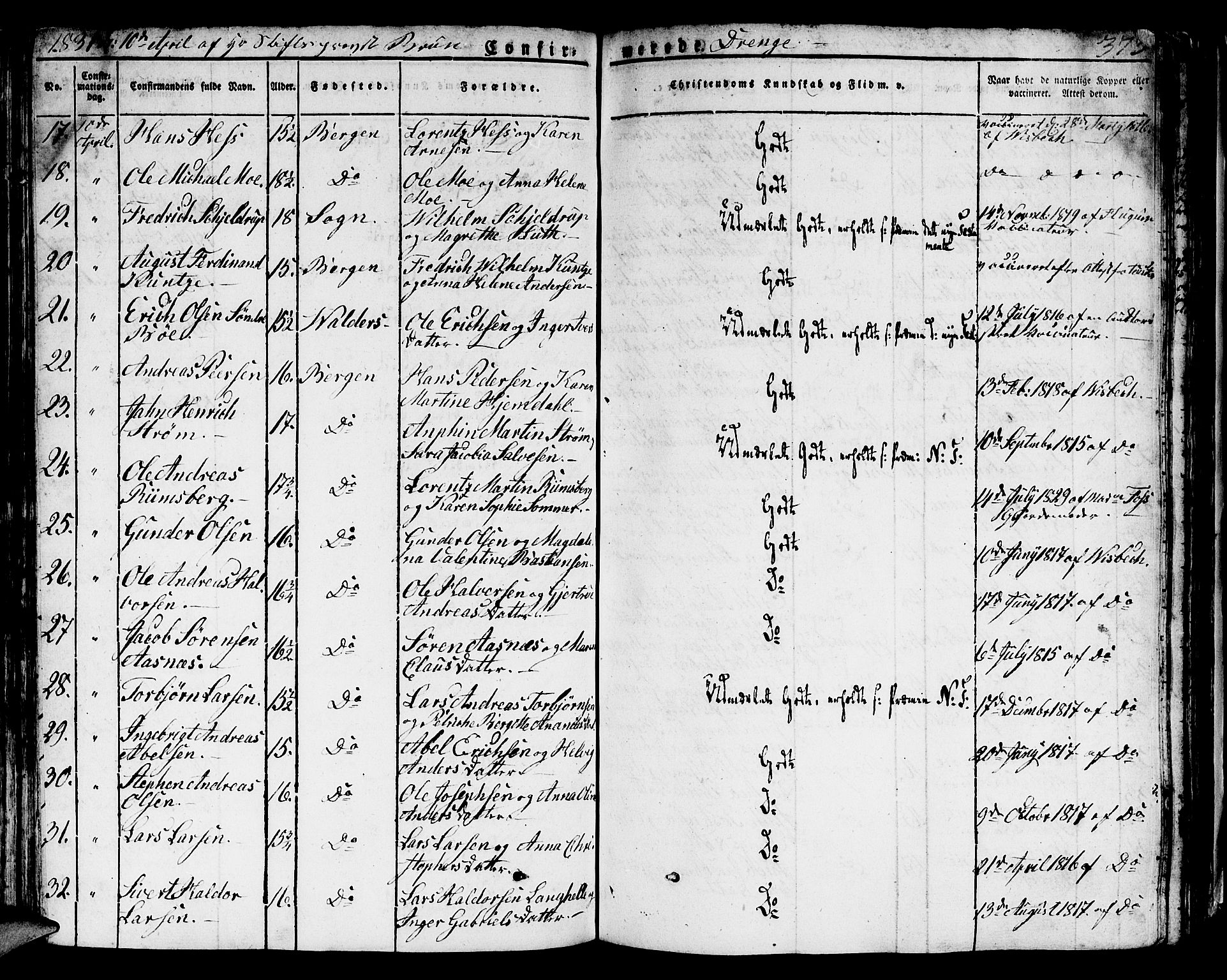 Domkirken sokneprestembete, AV/SAB-A-74801/H/Hab/L0002: Parish register (copy) no. A 2, 1821-1839, p. 373