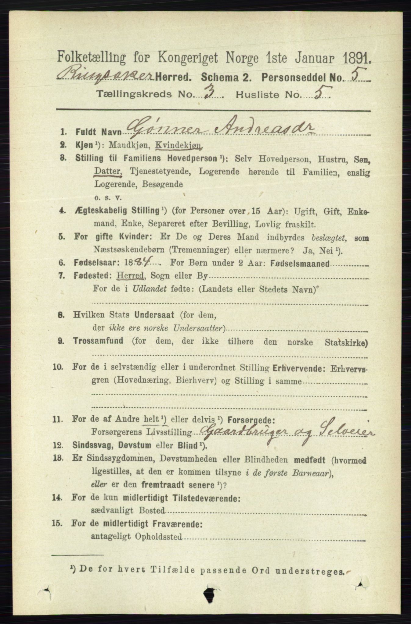 RA, 1891 census for 0412 Ringsaker, 1891, p. 1268