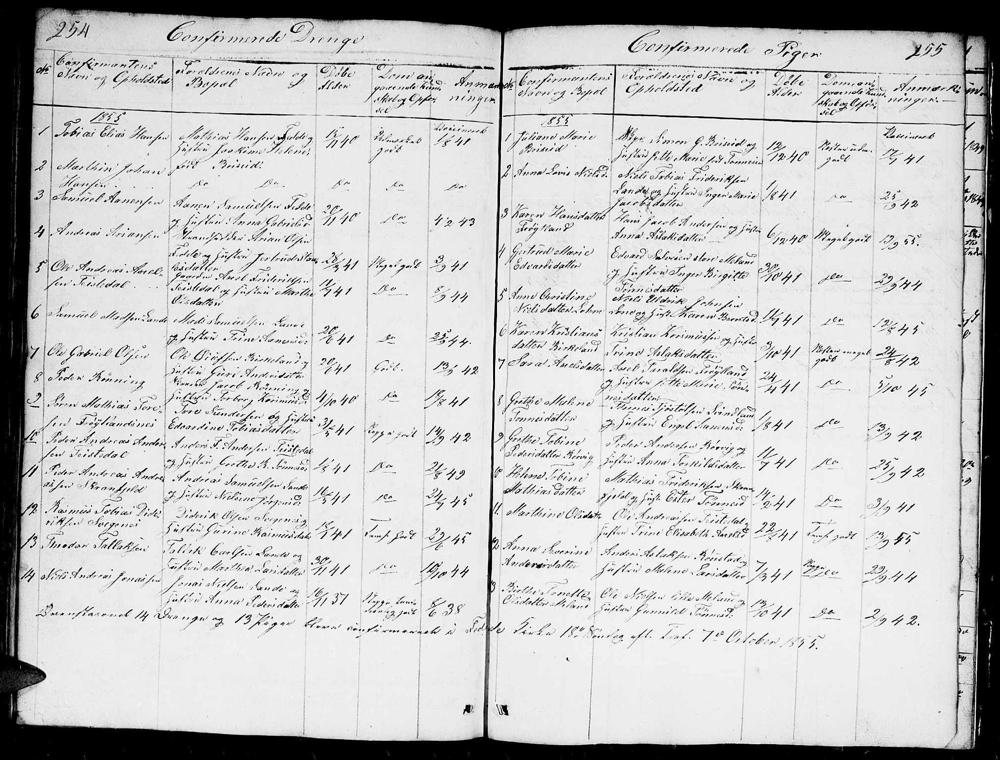 Kvinesdal sokneprestkontor, AV/SAK-1111-0026/F/Fb/Fba/L0002: Parish register (copy) no. B 2, 1838-1858, p. 254-255