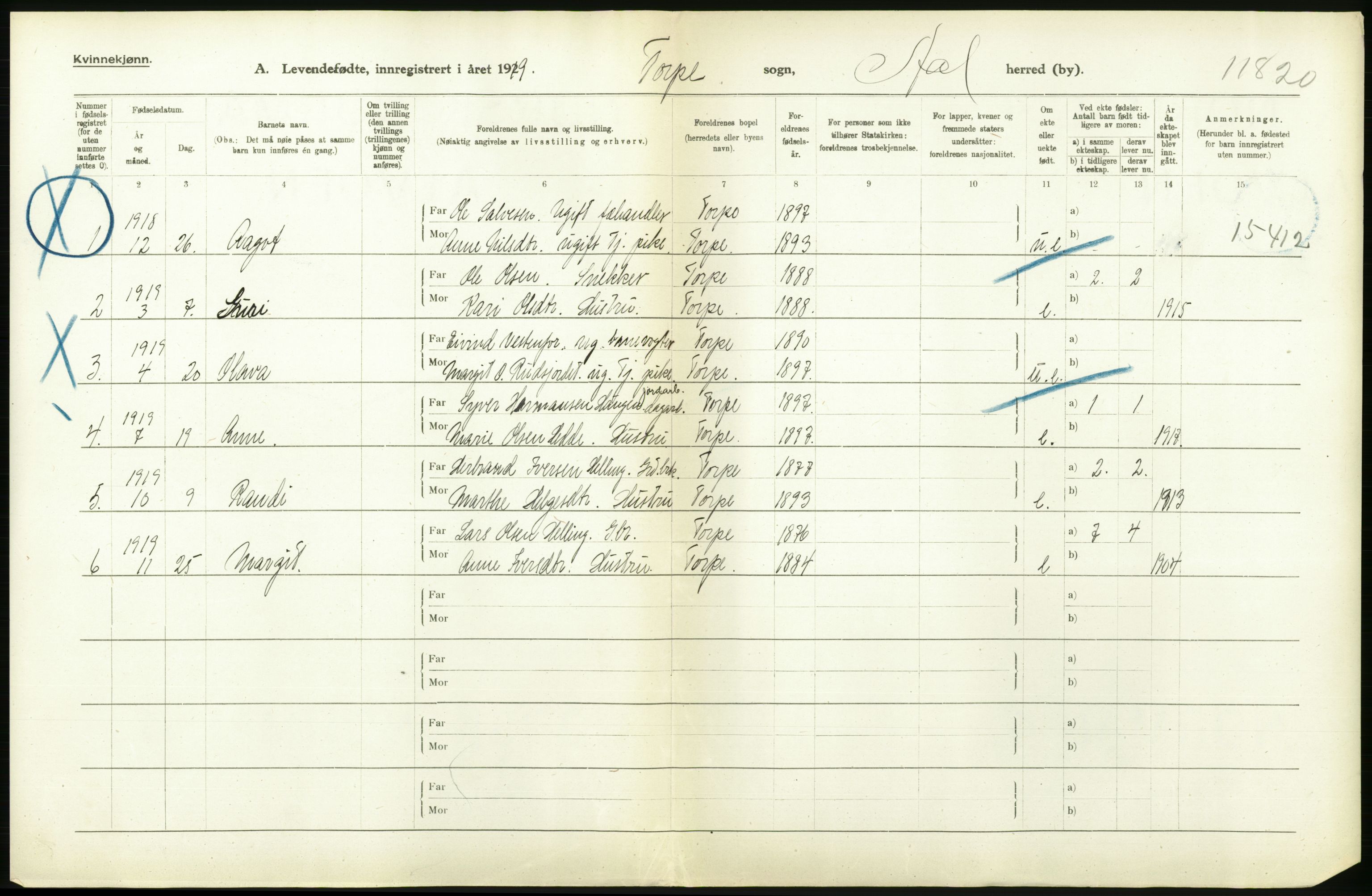 Statistisk sentralbyrå, Sosiodemografiske emner, Befolkning, RA/S-2228/D/Df/Dfb/Dfbi/L0016: Buskerud fylke: Levendefødte menn og kvinner. Bygder., 1919, p. 202