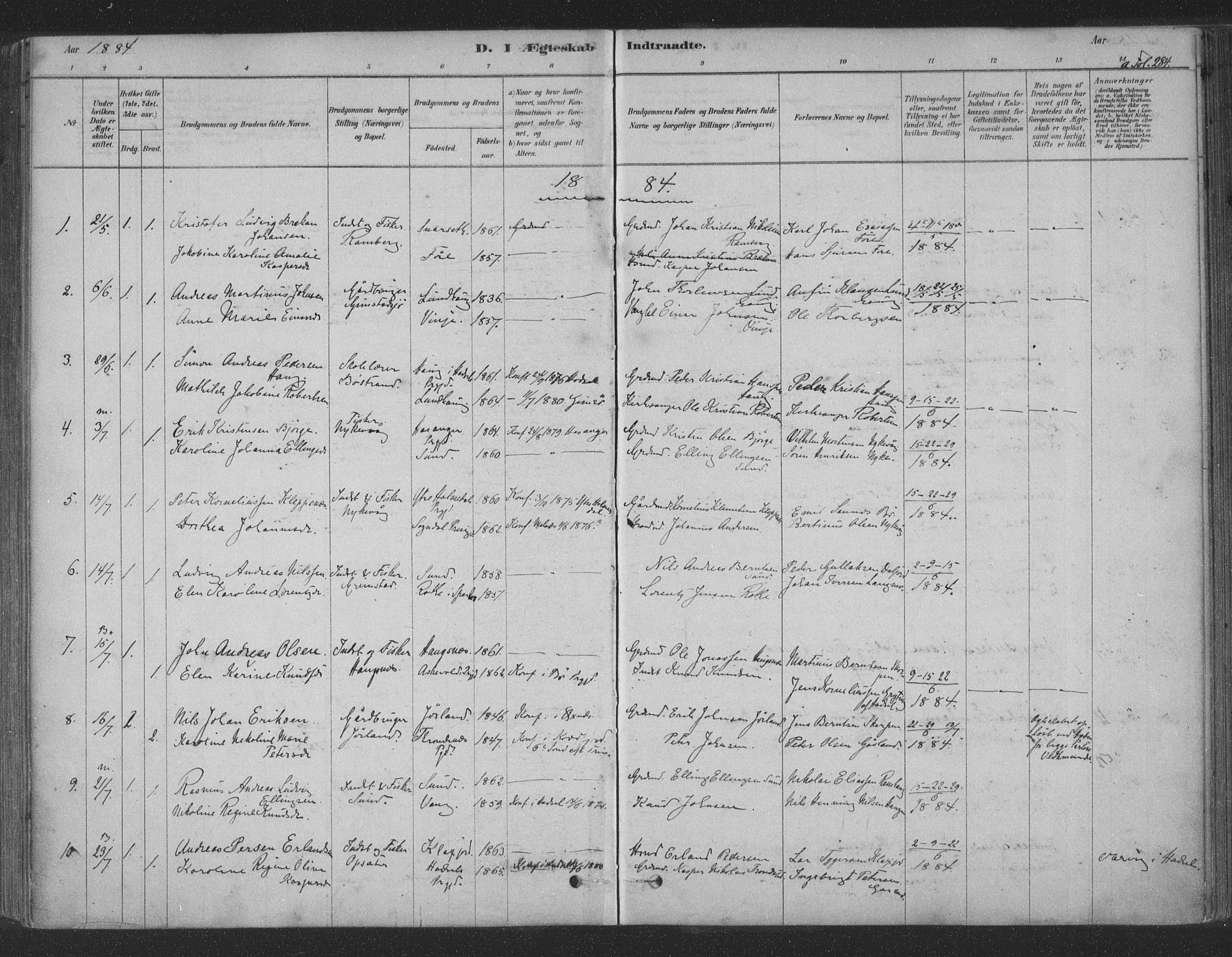 Ministerialprotokoller, klokkerbøker og fødselsregistre - Nordland, AV/SAT-A-1459/891/L1302: Parish register (official) no. 891A07, 1878-1895, p. 284