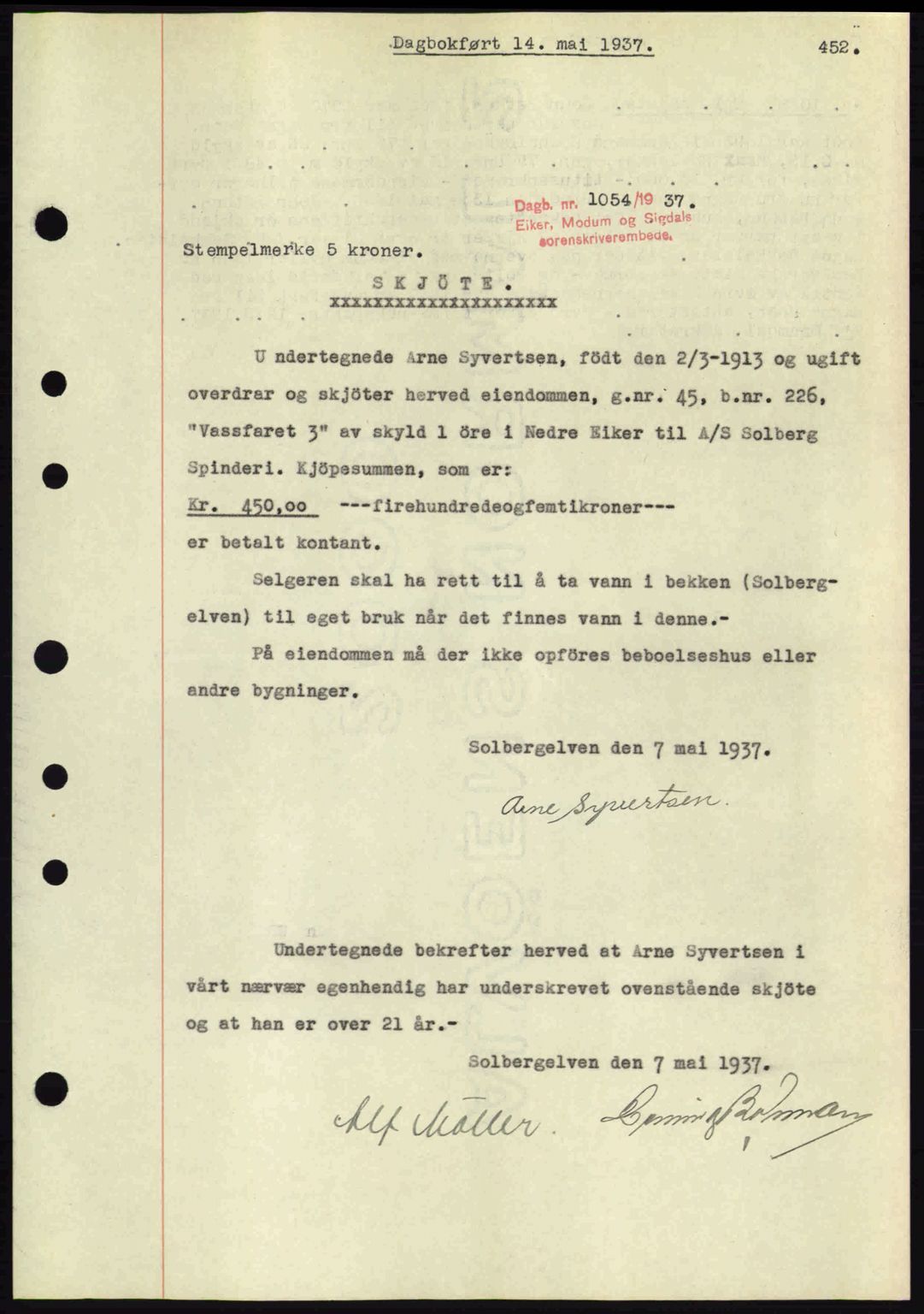 Eiker, Modum og Sigdal sorenskriveri, SAKO/A-123/G/Ga/Gab/L0035: Mortgage book no. A5, 1937-1937, Diary no: : 1054/1937