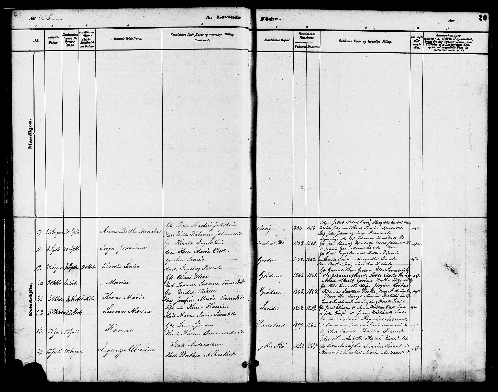 Hetland sokneprestkontor, SAST/A-101826/30/30BB/L0006: Parish register (copy) no. B 6, 1878-1921, p. 20