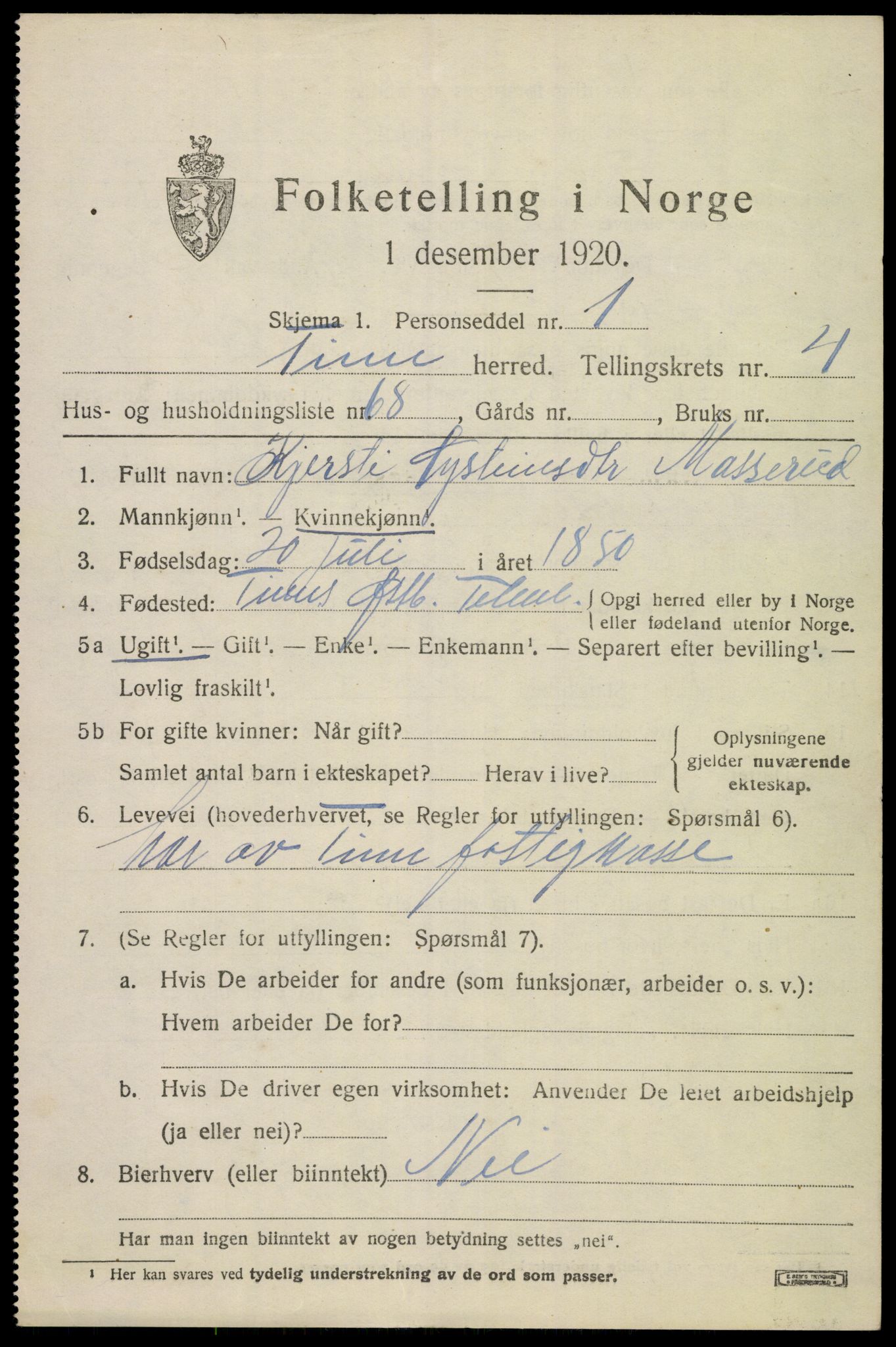 SAKO, 1920 census for Tinn, 1920, p. 4458