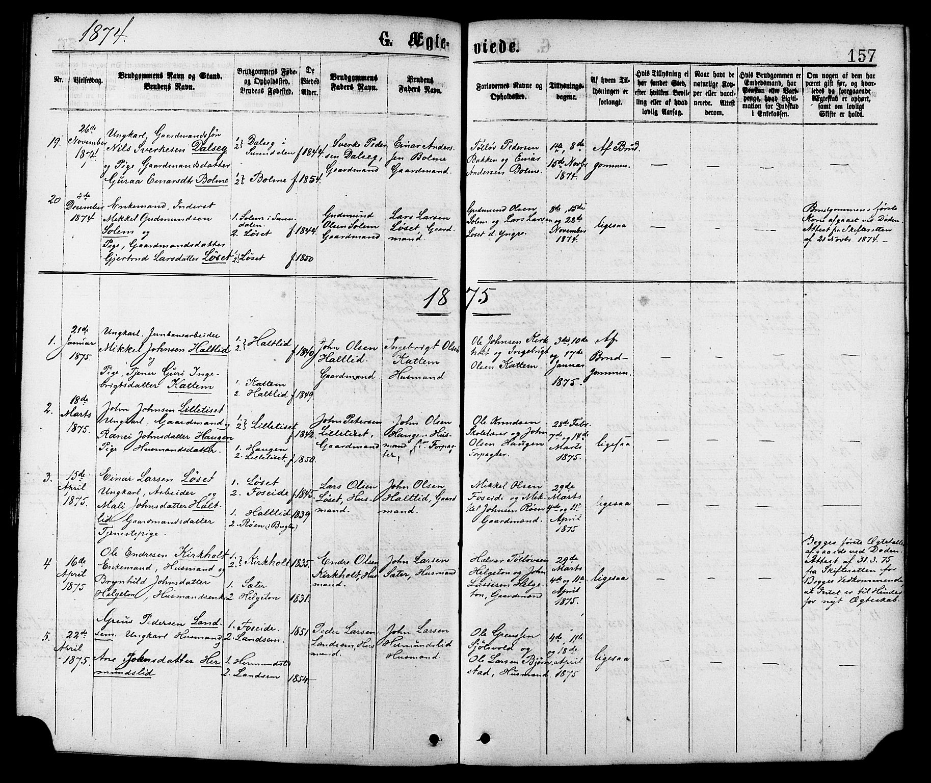 Ministerialprotokoller, klokkerbøker og fødselsregistre - Møre og Romsdal, SAT/A-1454/598/L1068: Parish register (official) no. 598A02, 1872-1881, p. 157