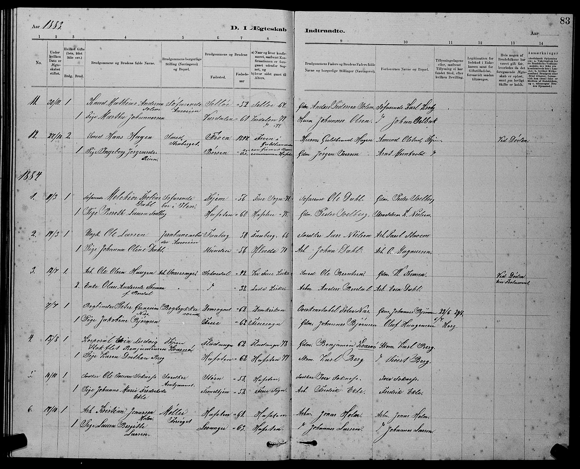 Ministerialprotokoller, klokkerbøker og fødselsregistre - Sør-Trøndelag, SAT/A-1456/611/L0354: Parish register (copy) no. 611C02, 1881-1896, p. 83