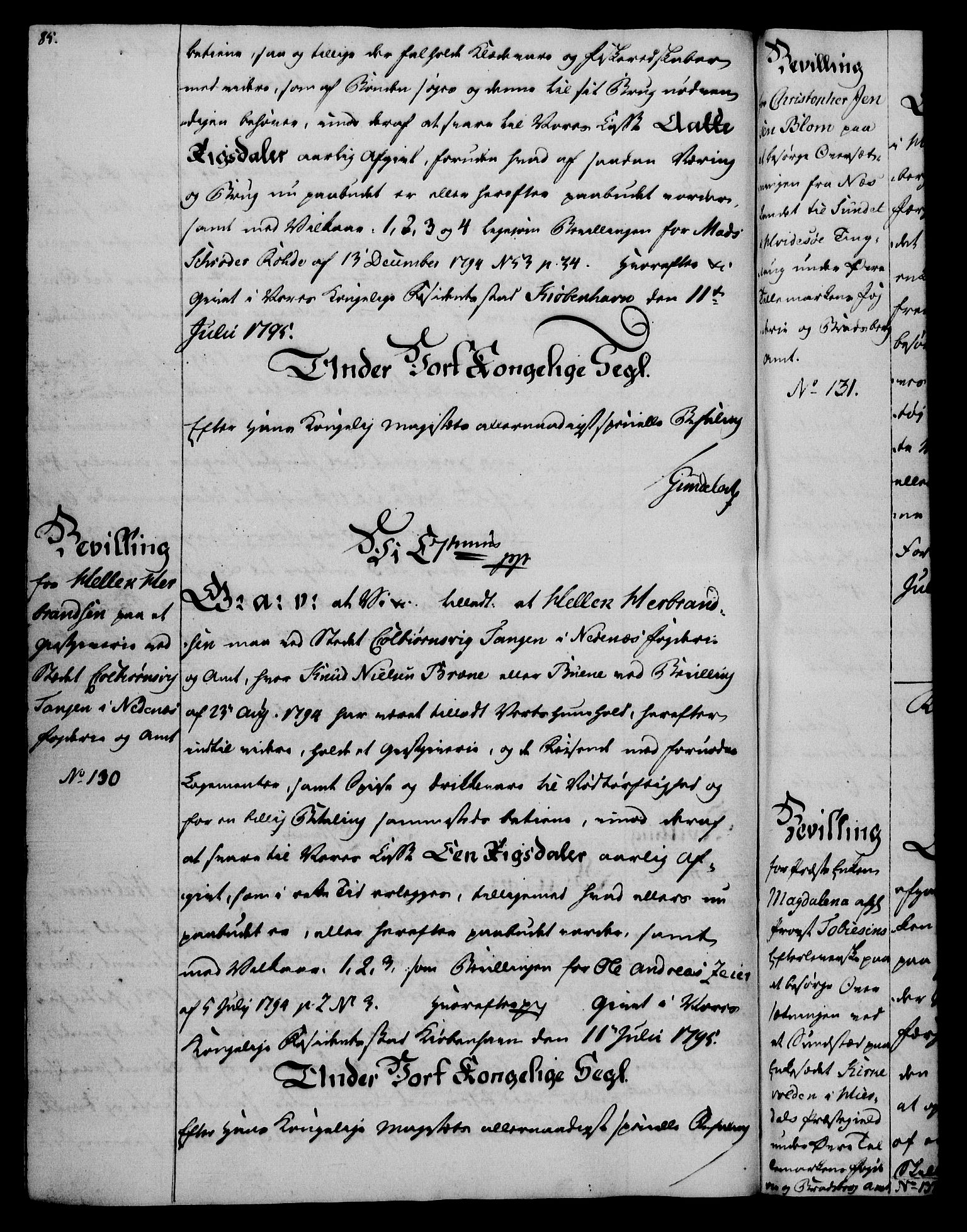 Rentekammeret, Kammerkanselliet, AV/RA-EA-3111/G/Gg/Gga/L0016: Norsk ekspedisjonsprotokoll med register (merket RK 53.16), 1794-1800, p. 85