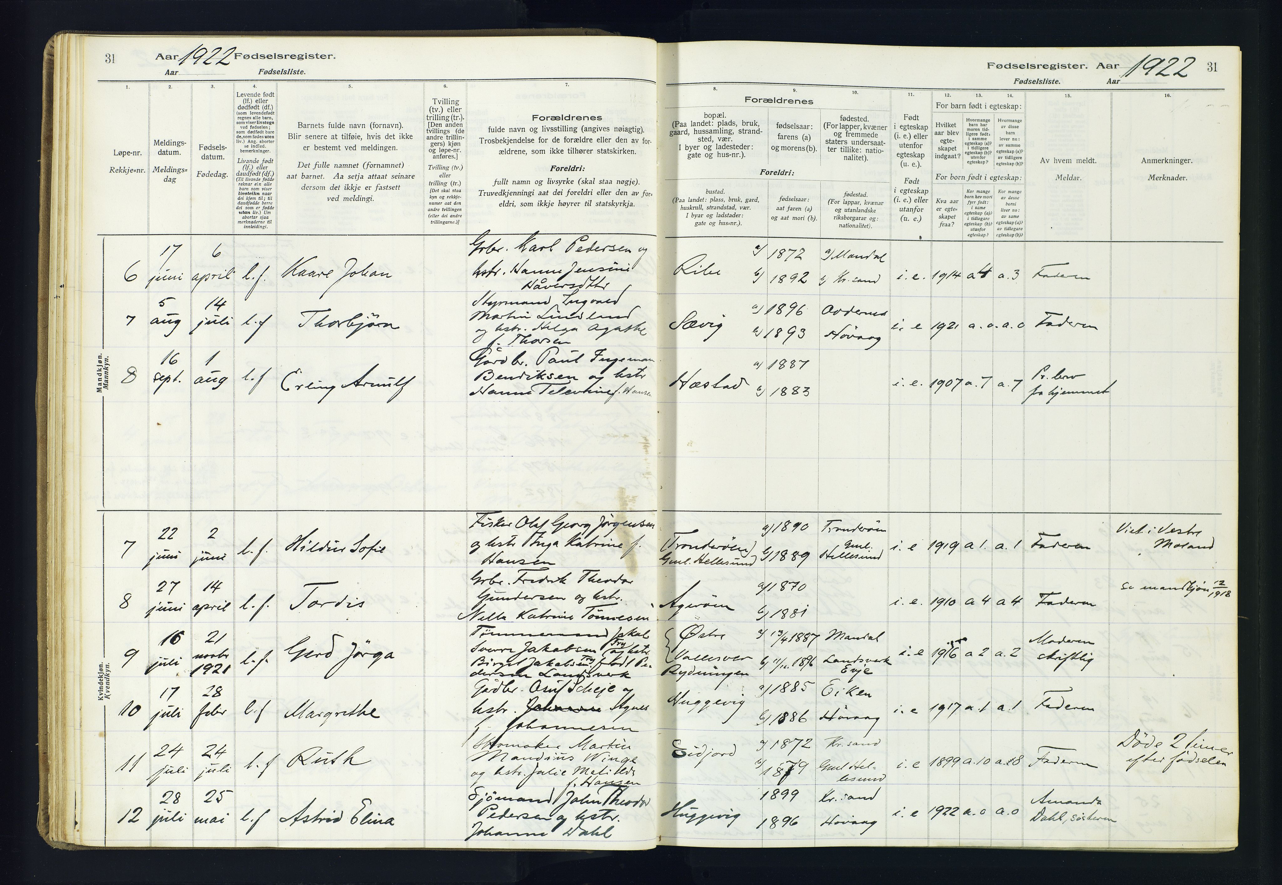 Høvåg sokneprestkontor, AV/SAK-1111-0025/J/Ja/L0001: Birth register no. II.4.2, 1916-1982, p. 31