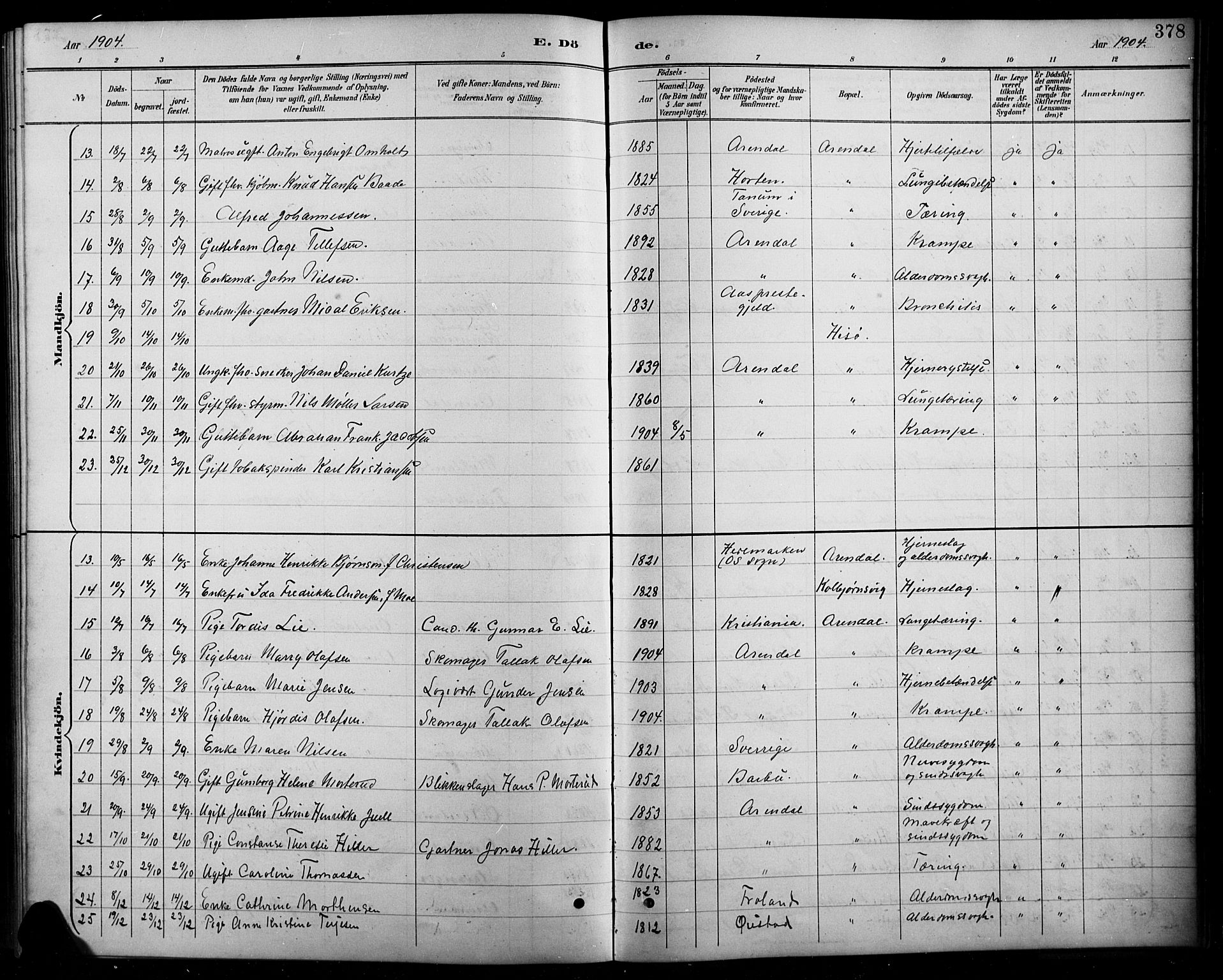 Arendal sokneprestkontor, Trefoldighet, AV/SAK-1111-0040/F/Fb/L0006: Parish register (copy) no. B 6, 1889-1916, p. 378