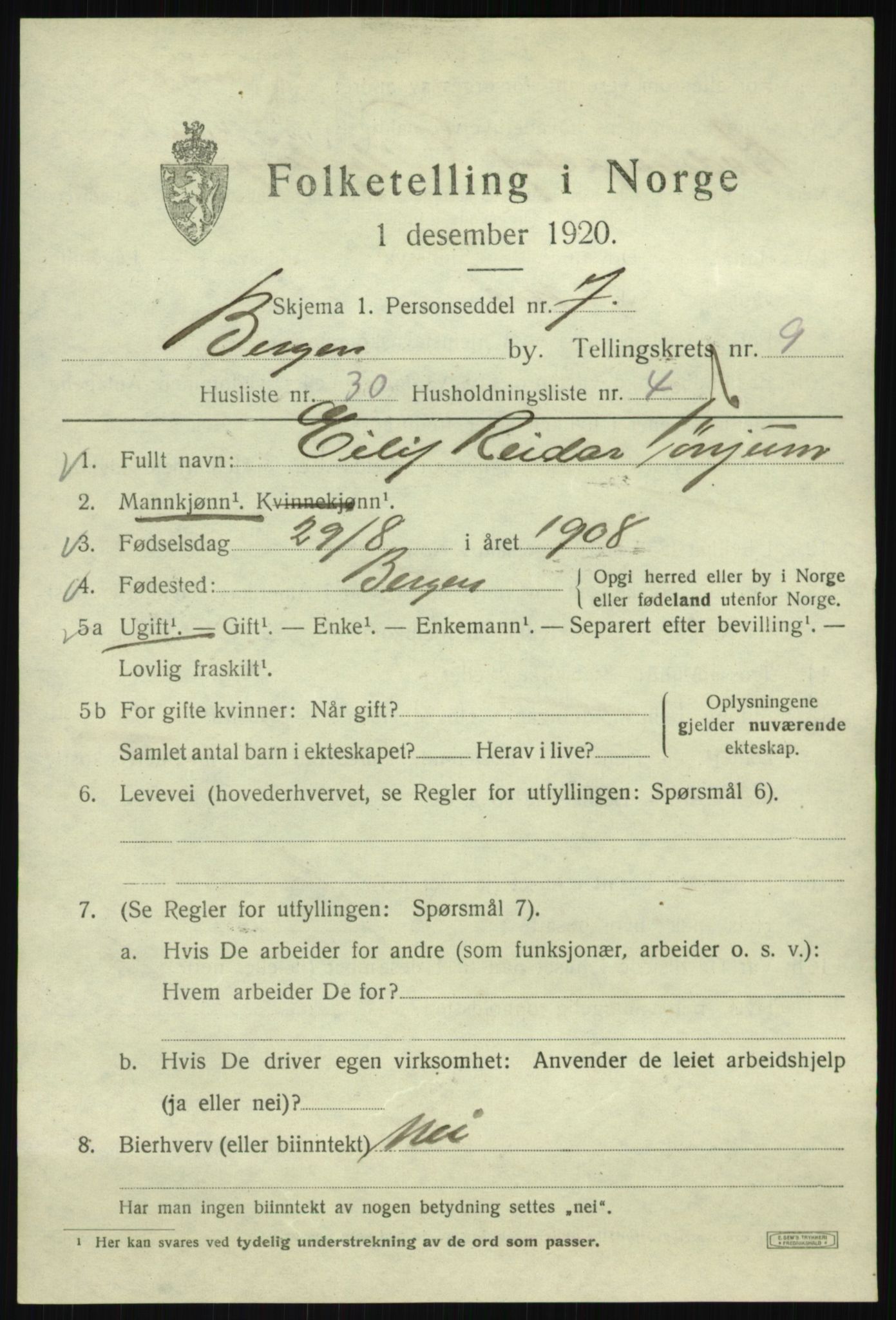 SAB, 1920 census for Bergen, 1920, p. 71317