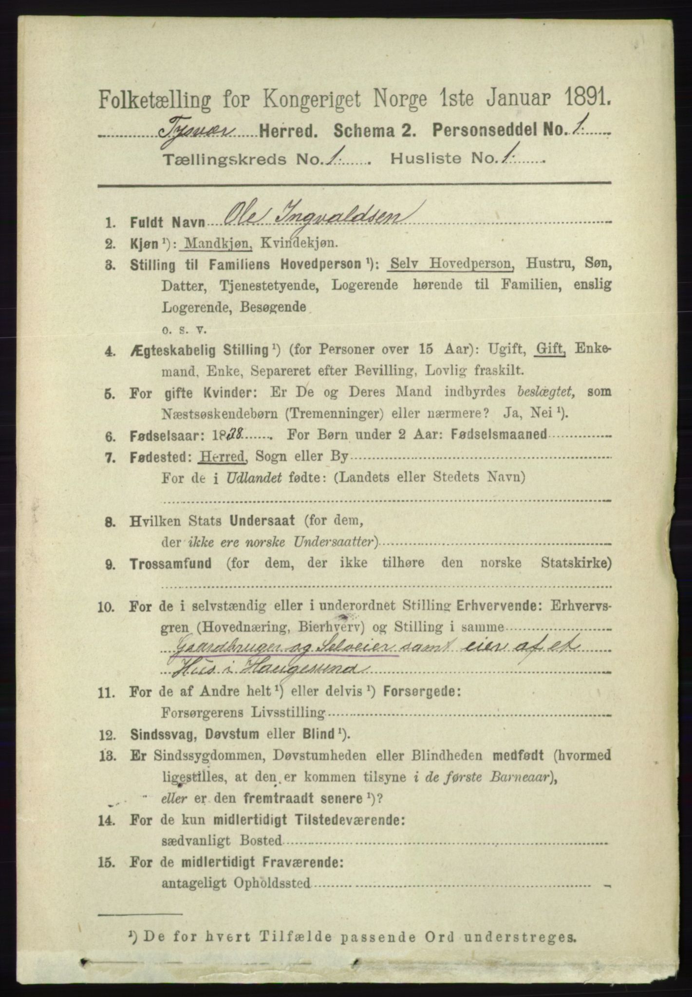 RA, 1891 census for 1146 Tysvær, 1891, p. 117