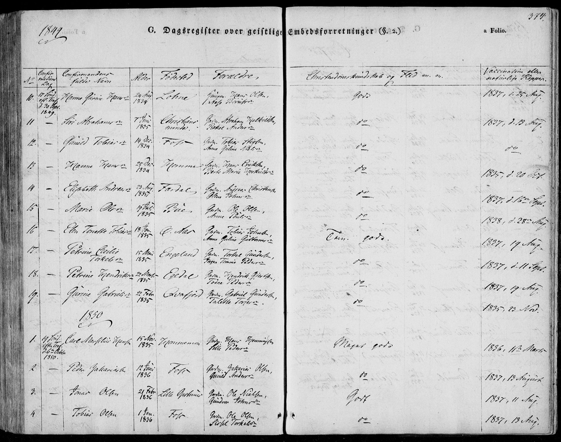 Sør-Audnedal sokneprestkontor, SAK/1111-0039/F/Fa/Fab/L0006: Parish register (official) no. A 6, 1829-1855, p. 374