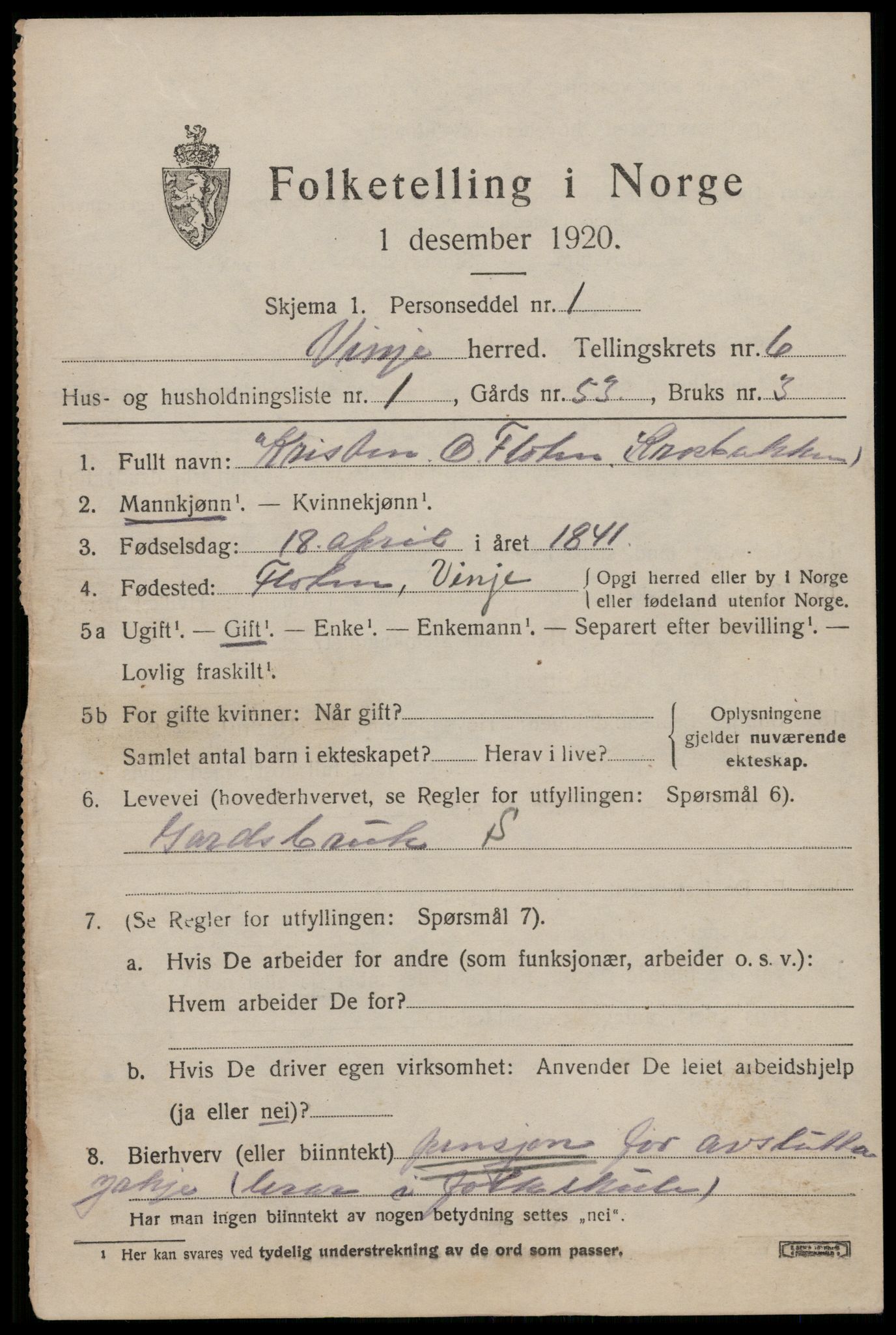 SAKO, 1920 census for Vinje, 1920, p. 1783