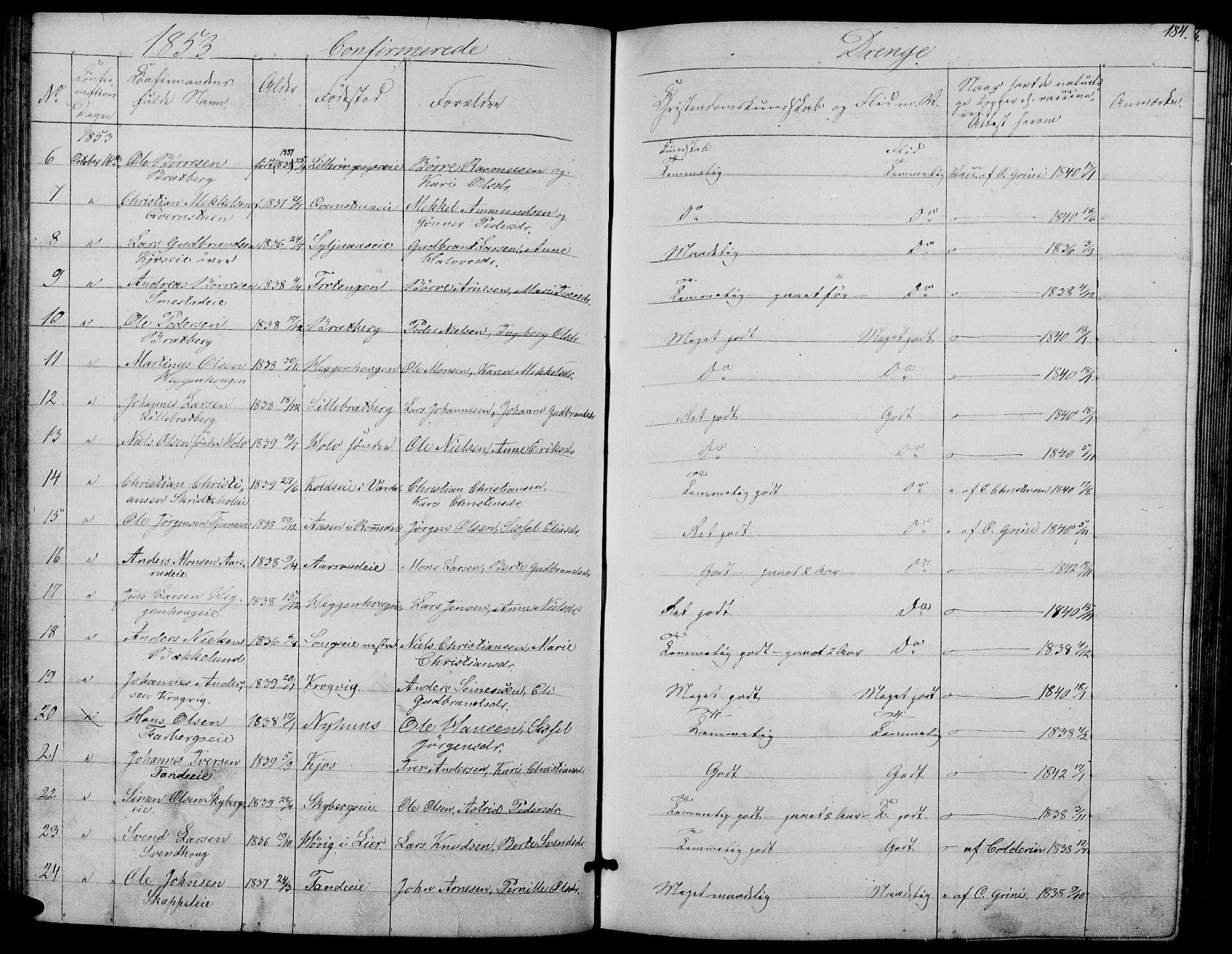 Ringsaker prestekontor, SAH/PREST-014/L/La/L0006: Parish register (copy) no. 6, 1851-1860, p. 184