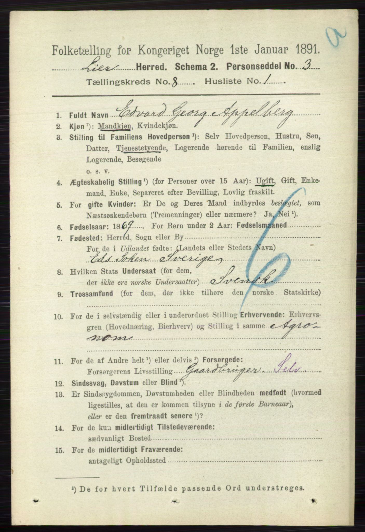 RA, 1891 census for 0626 Lier, 1891, p. 5063