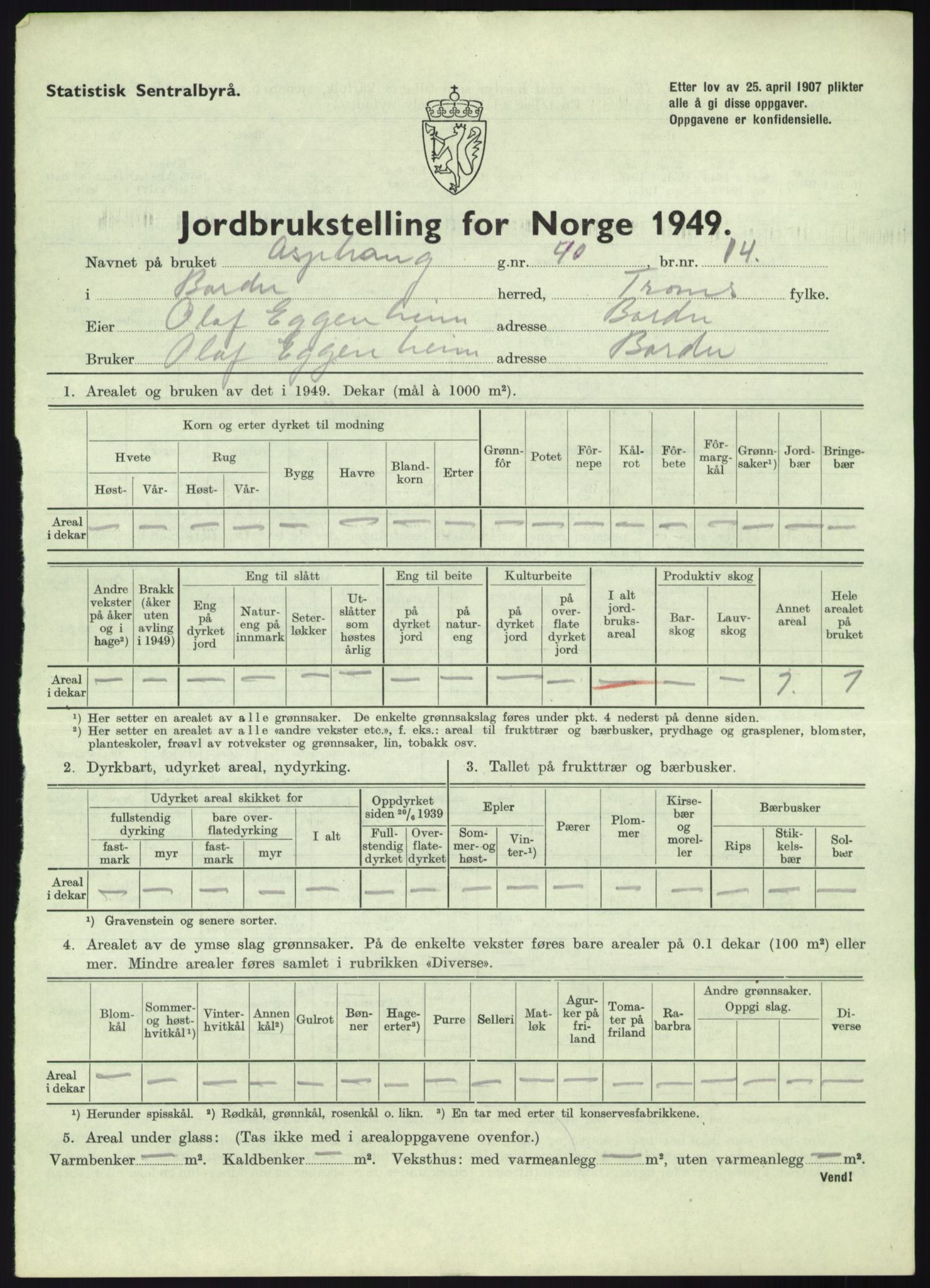 Statistisk sentralbyrå, Næringsøkonomiske emner, Jordbruk, skogbruk, jakt, fiske og fangst, AV/RA-S-2234/G/Gc/L0438: Troms: Salangen og Bardu, 1949, p. 924