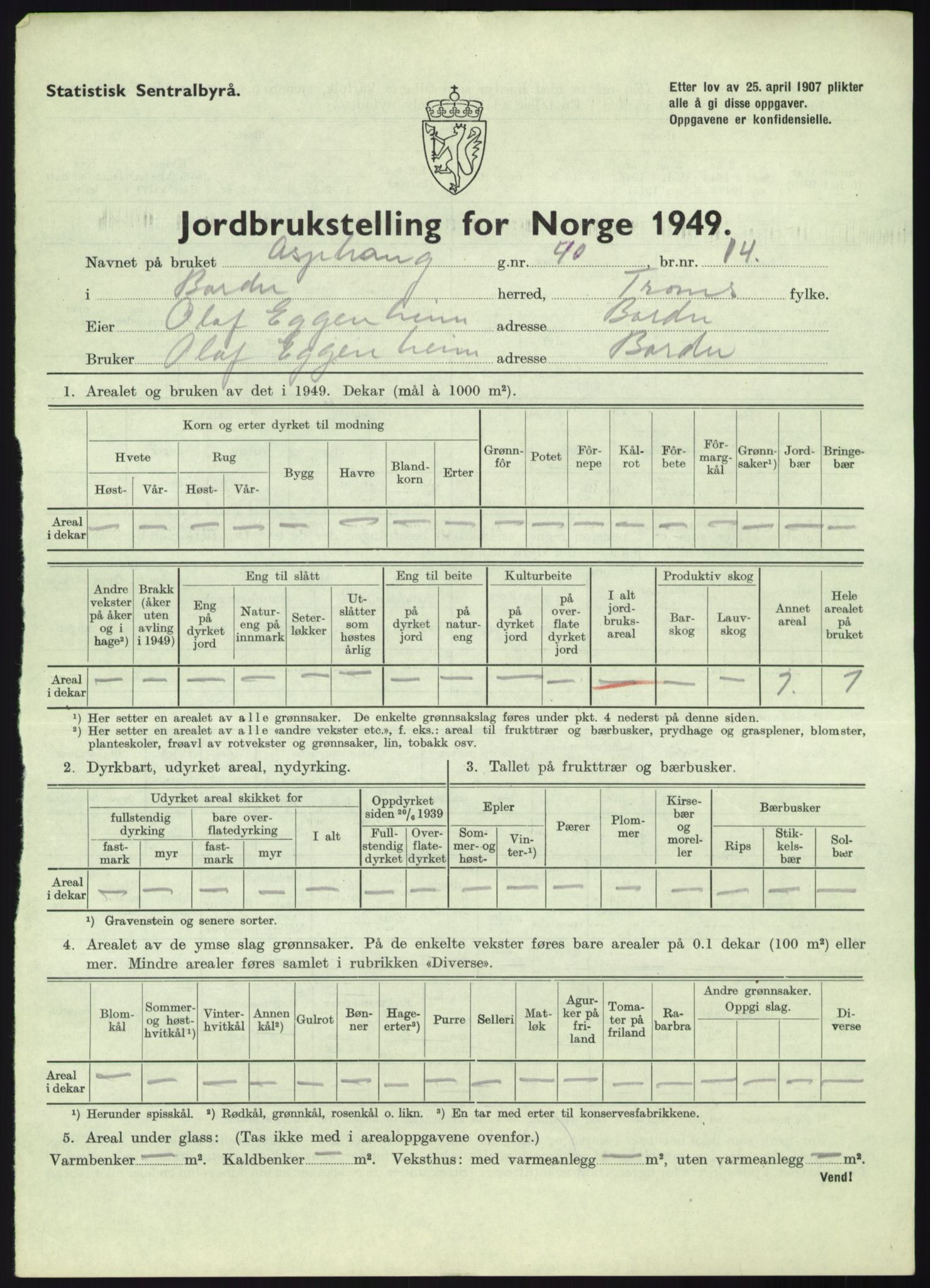 Statistisk sentralbyrå, Næringsøkonomiske emner, Jordbruk, skogbruk, jakt, fiske og fangst, AV/RA-S-2234/G/Gc/L0438: Troms: Salangen og Bardu, 1949, p. 924