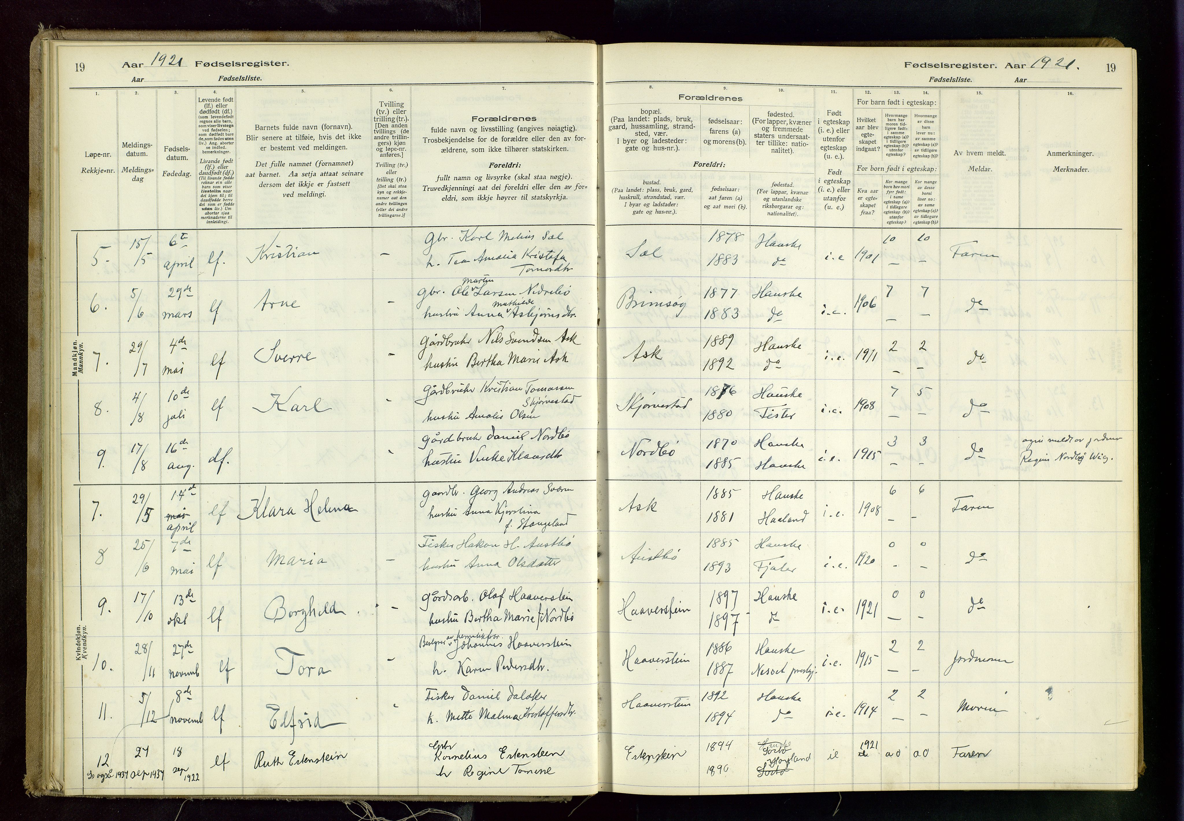 Rennesøy sokneprestkontor, AV/SAST-A -101827/I/Id/L0001: Birth register no. 1, 1916-1982, p. 19