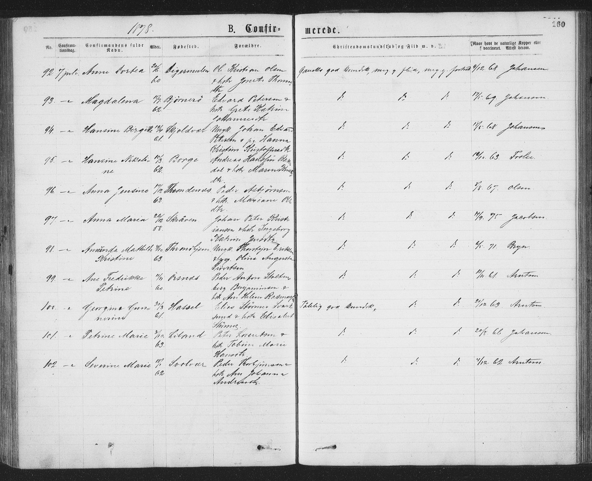 Ministerialprotokoller, klokkerbøker og fødselsregistre - Nordland, SAT/A-1459/874/L1058: Parish register (official) no. 874A02, 1878-1883, p. 160