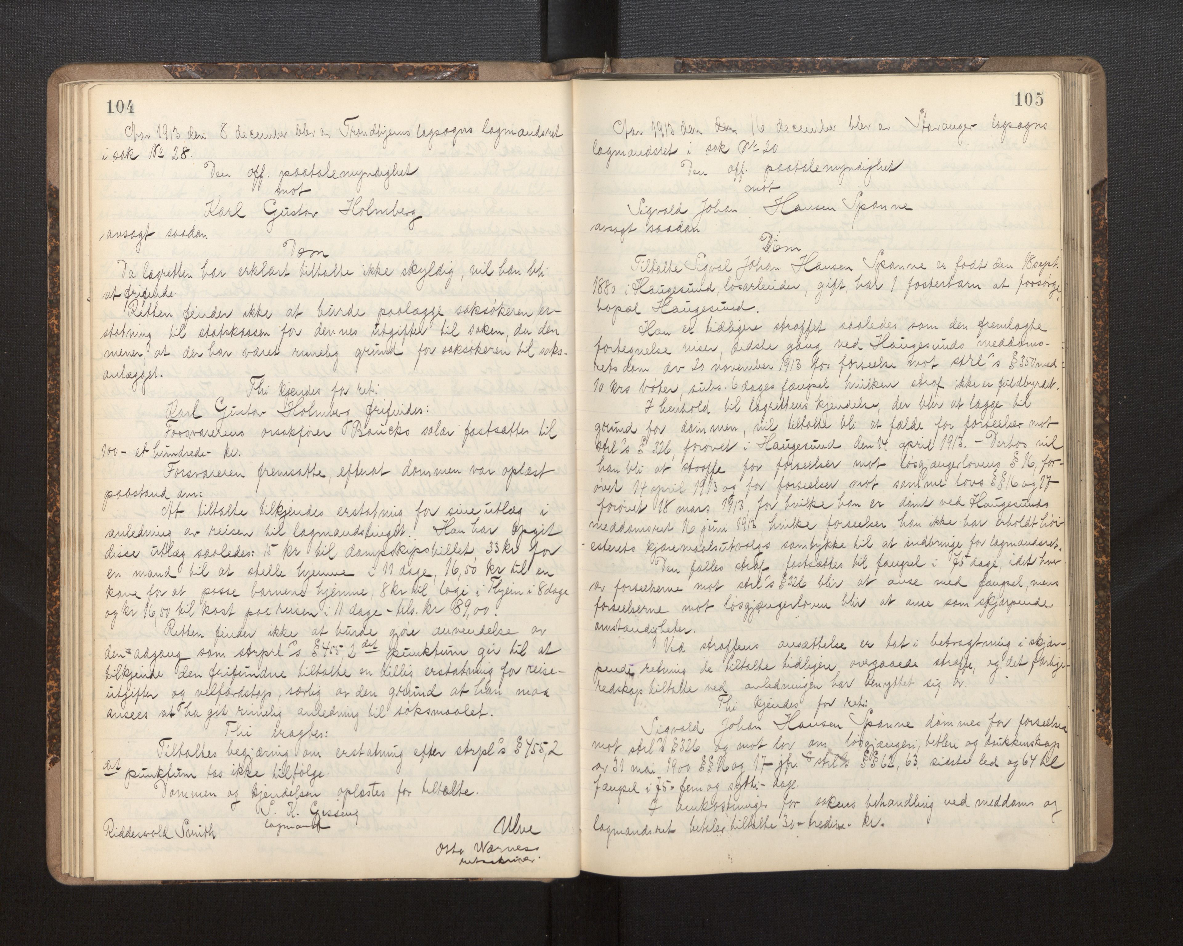 Gulating lagmannsrett, AV/SAB-A-60201/D/Da/L0005: Domsprotokoll for straffesaker - Gula- og Frostating lagdømme, 1912-1918, p. 104-105