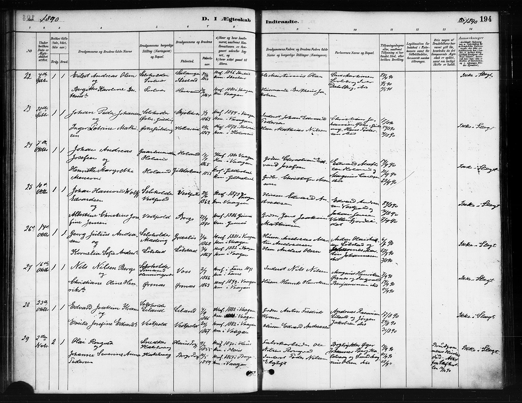 Ministerialprotokoller, klokkerbøker og fødselsregistre - Nordland, AV/SAT-A-1459/874/L1059: Parish register (official) no. 874A03, 1884-1890, p. 194