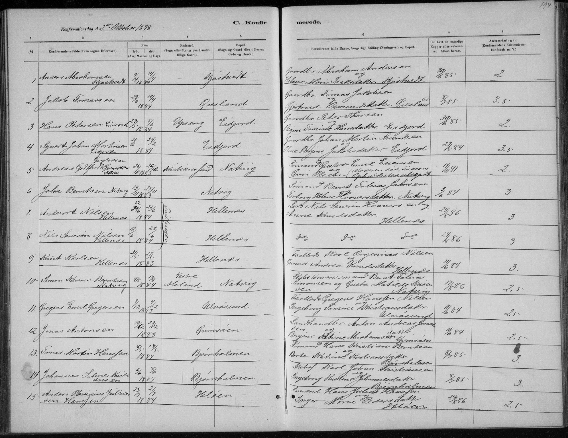 Høvåg sokneprestkontor, SAK/1111-0025/F/Fb/L0004: Parish register (copy) no. B 4, 1883-1898, p. 194