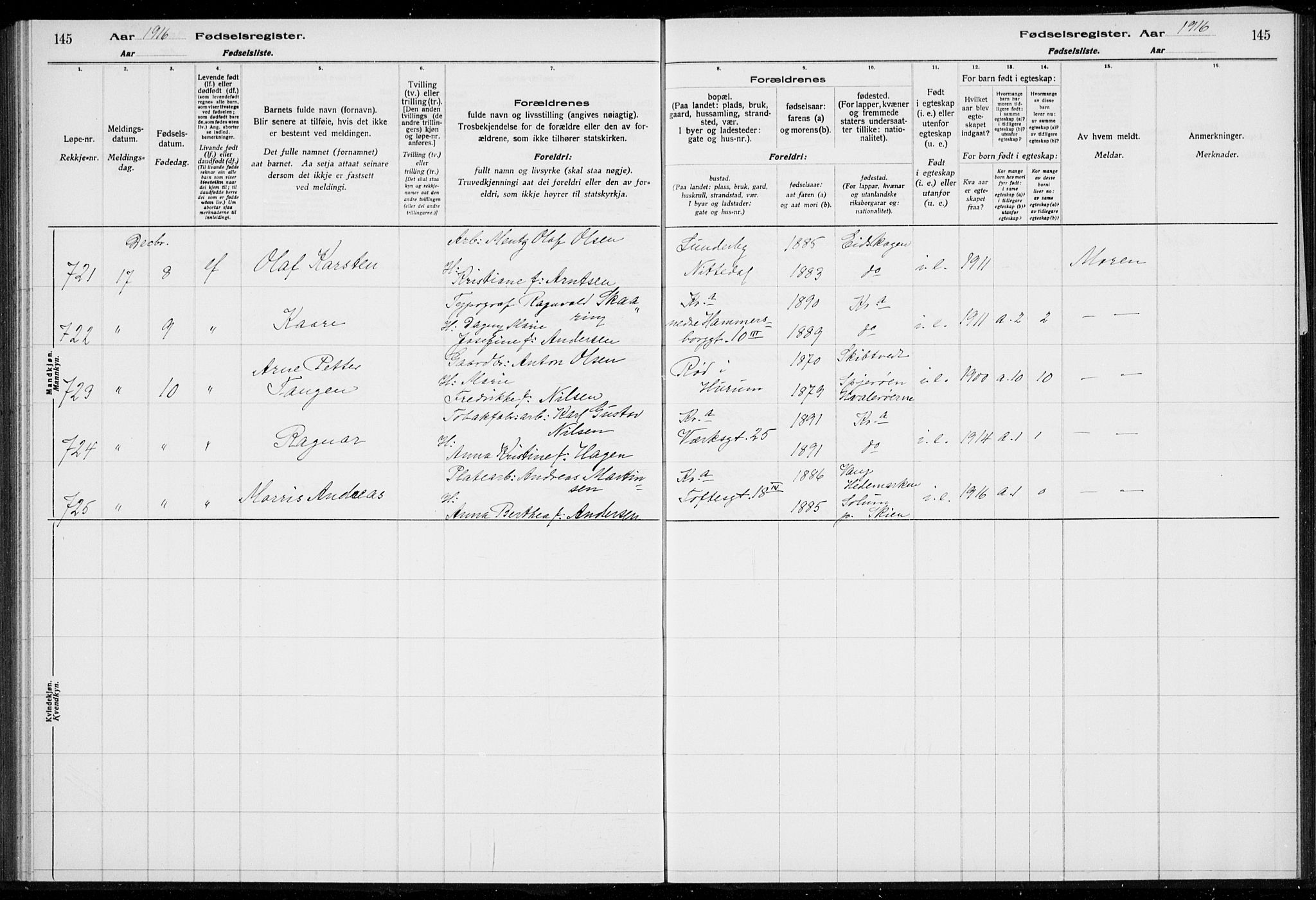 Rikshospitalet prestekontor Kirkebøker, AV/SAO-A-10309b/J/L0001: Birth register no. 1, 1916-1916, p. 145