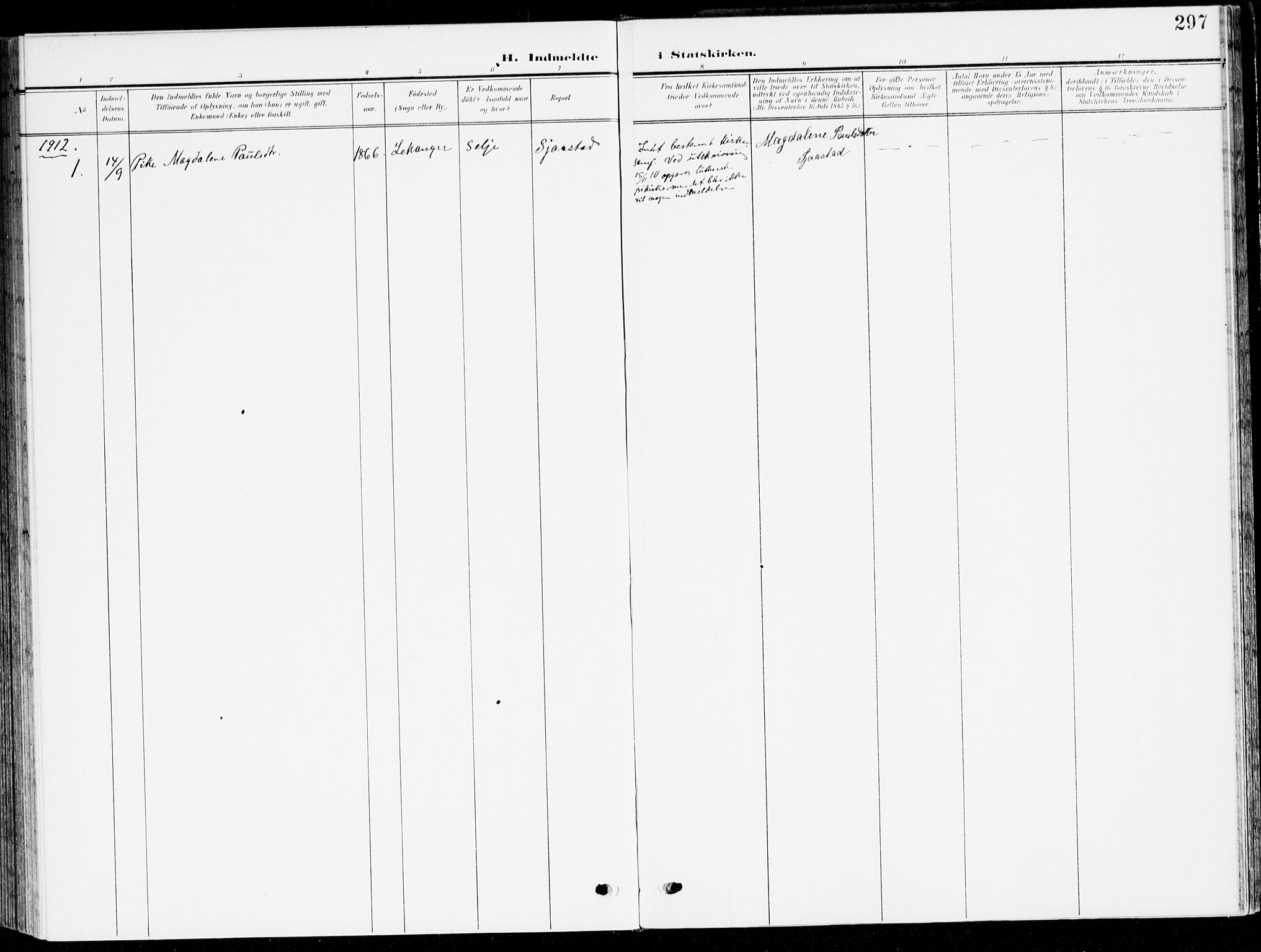 Selje sokneprestembete, SAB/A-99938/H/Ha/Haa/Haab: Parish register (official) no. B 3, 1908-1923, p. 297