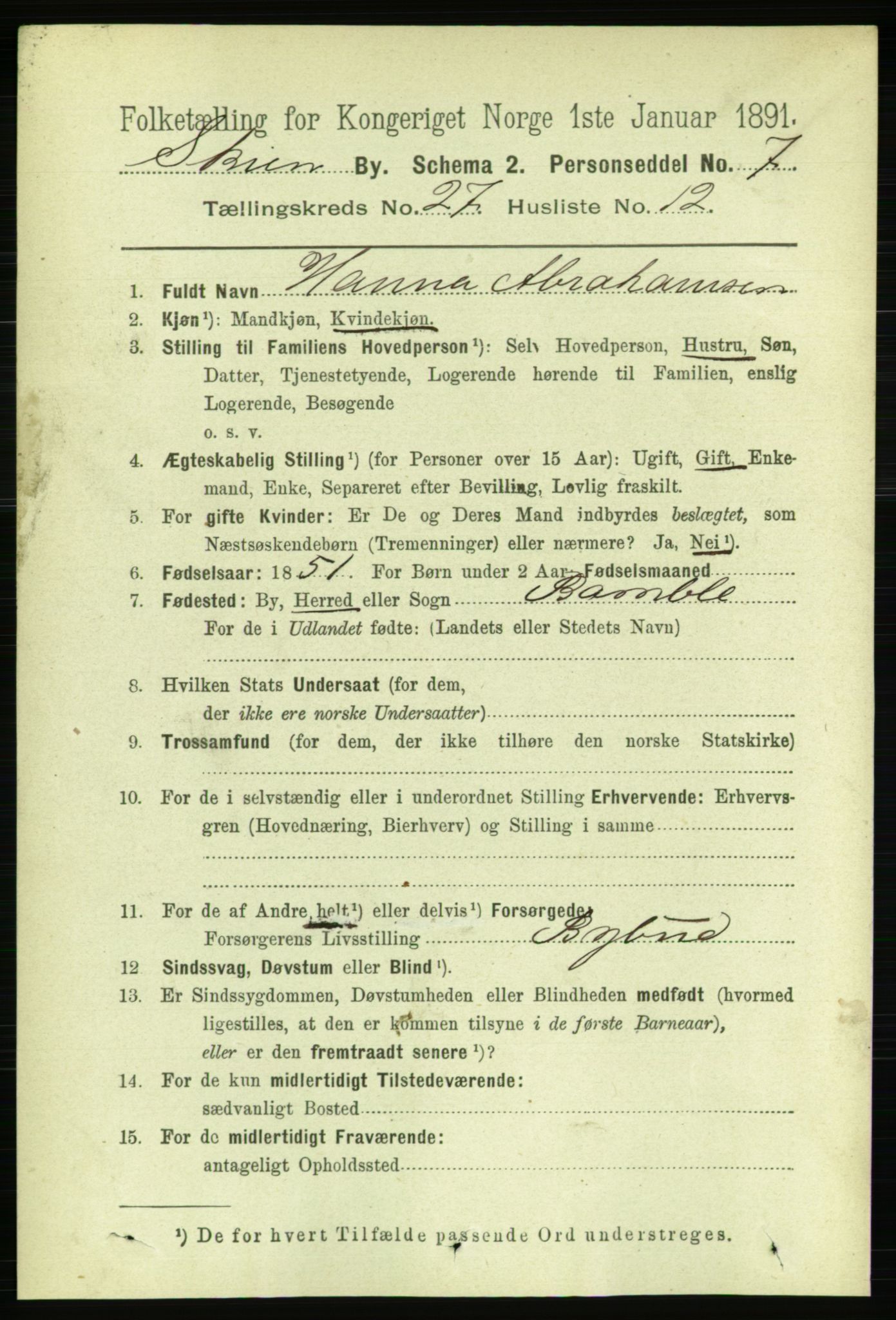 RA, 1891 census for 0806 Skien, 1891, p. 6437