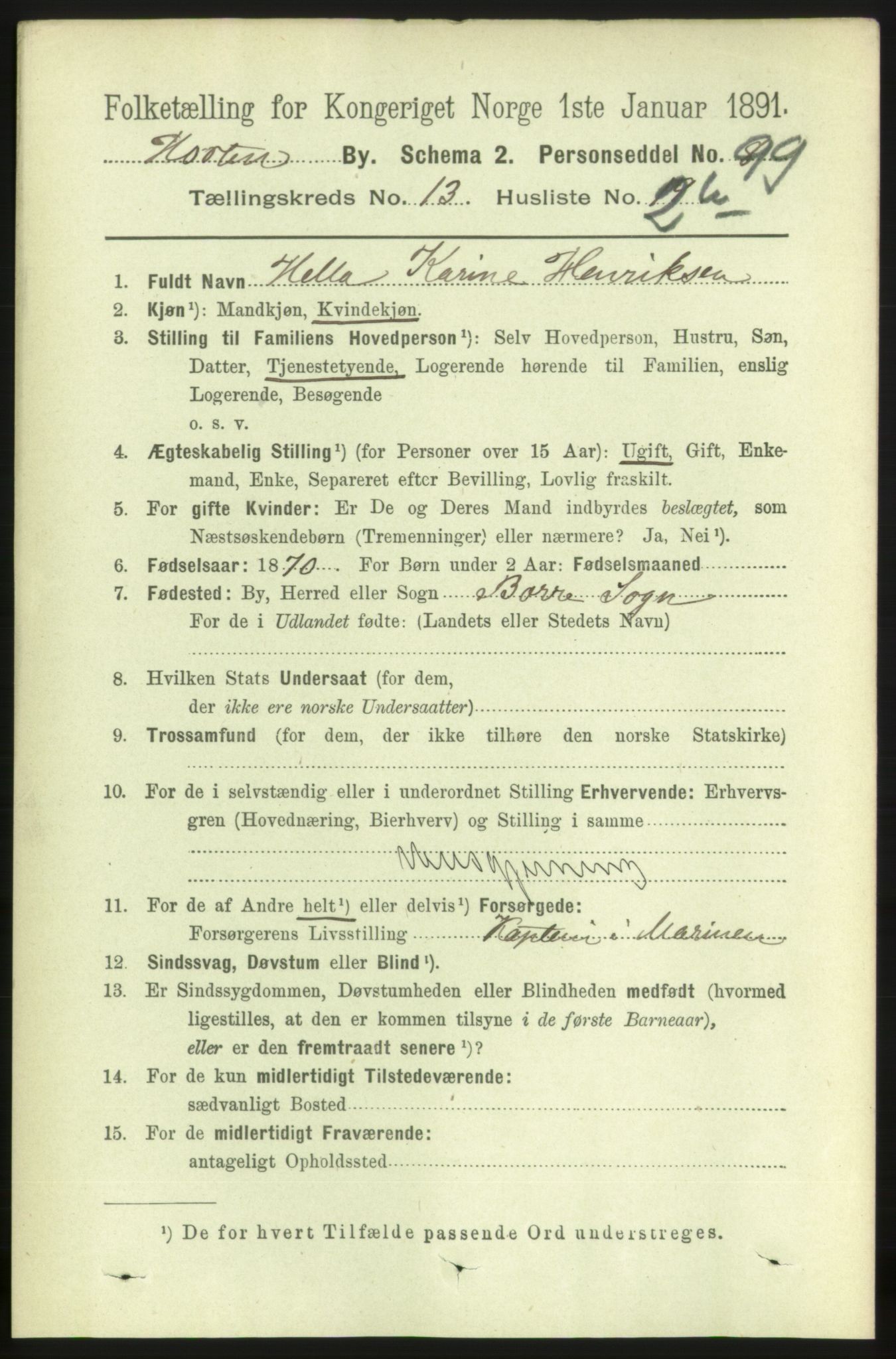 RA, 1891 census for 0703 Horten, 1891, p. 7993