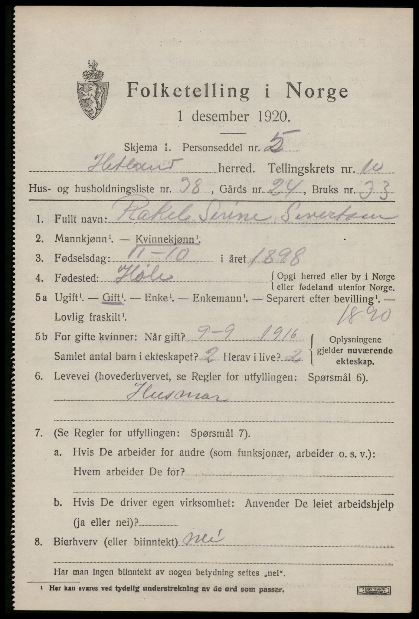 SAST, 1920 census for Hetland, 1920, p. 19405