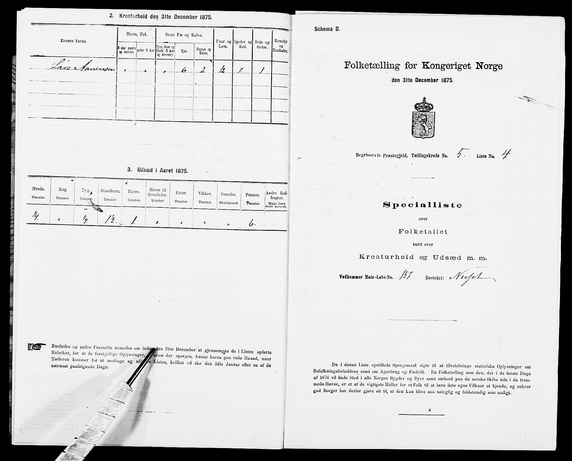 SAK, 1875 census for 1034P Hægebostad, 1875, p. 476