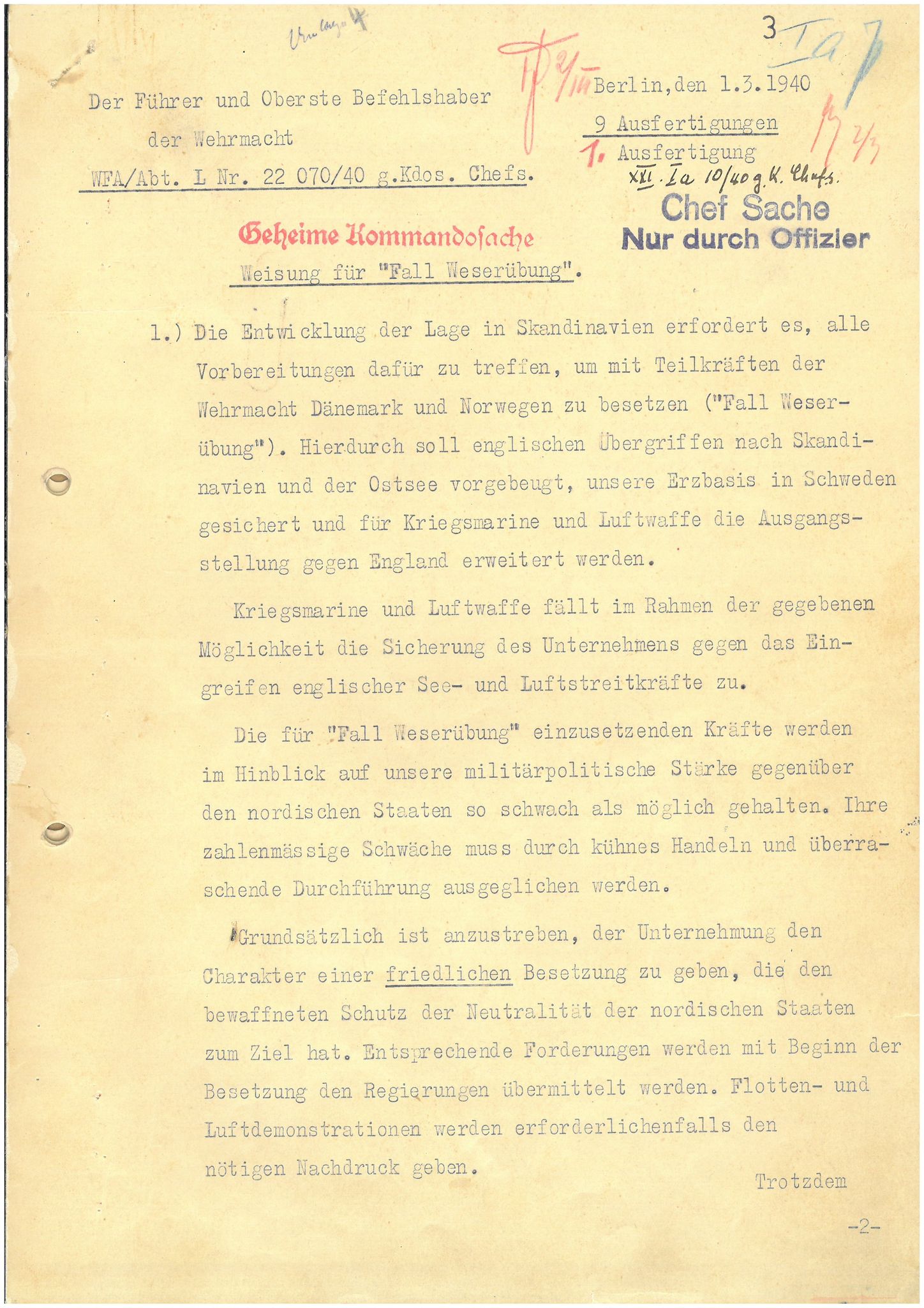 RH 24-21 (XXI. Armeekorps / XXI. Gebirgs-Armeekorps), BARCH/-//23: Weisung für "Fall Weserübung", 1940, p. 3